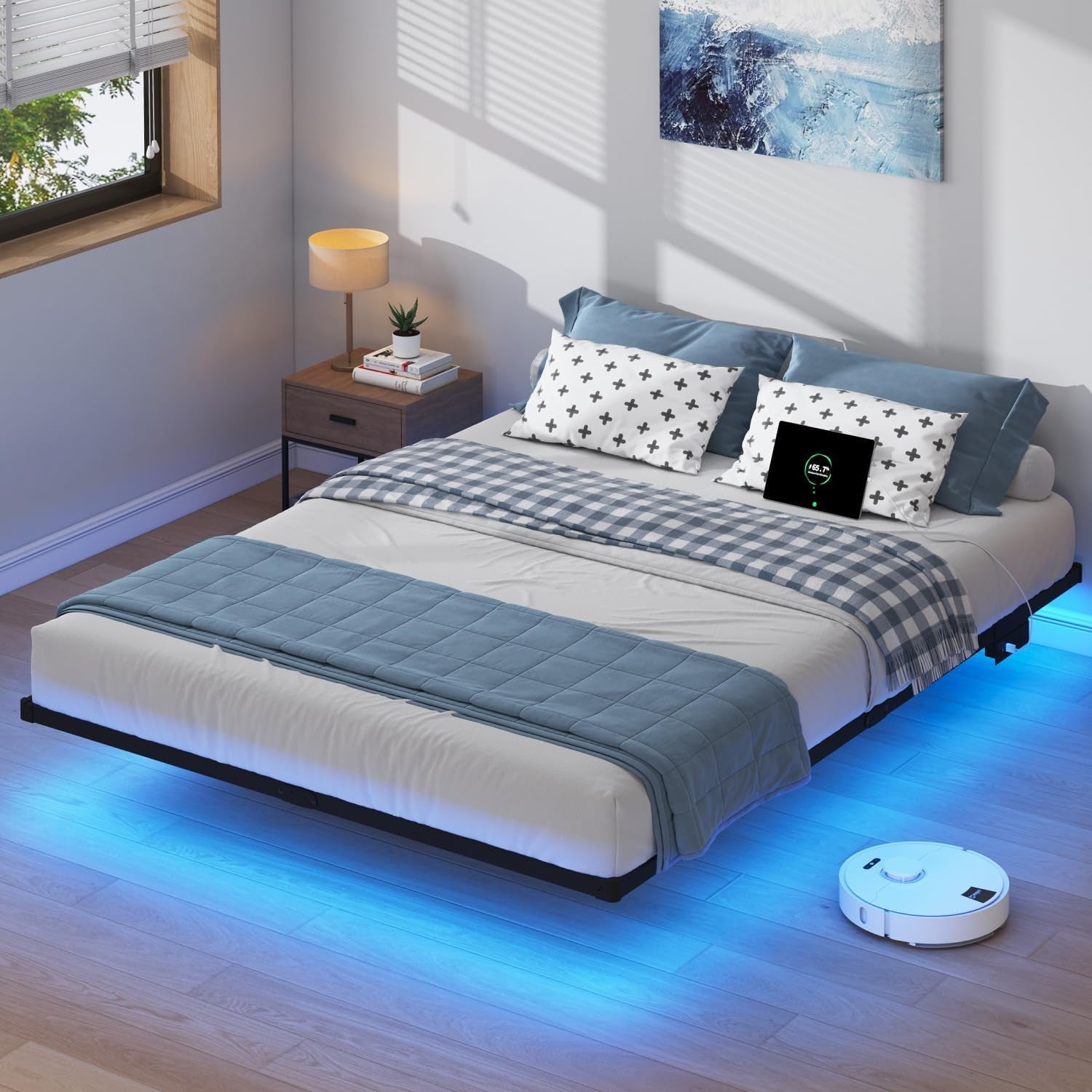 10 Inch Full Size Floating Bed Frame with Charging Station | LED Lights, Platform Bed Frame No Box Spring Needed, Easy Assembly