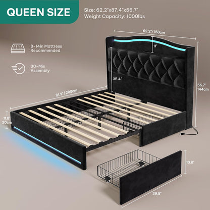 Queen Size Bed Frame with 4 Storage Drawers and RGB LED Lights | 57'' Tall Headboard Velvet Upholstered Bed with Charging Station, No Box Spring Needed, Easy Assembly, Noise-Free, Black