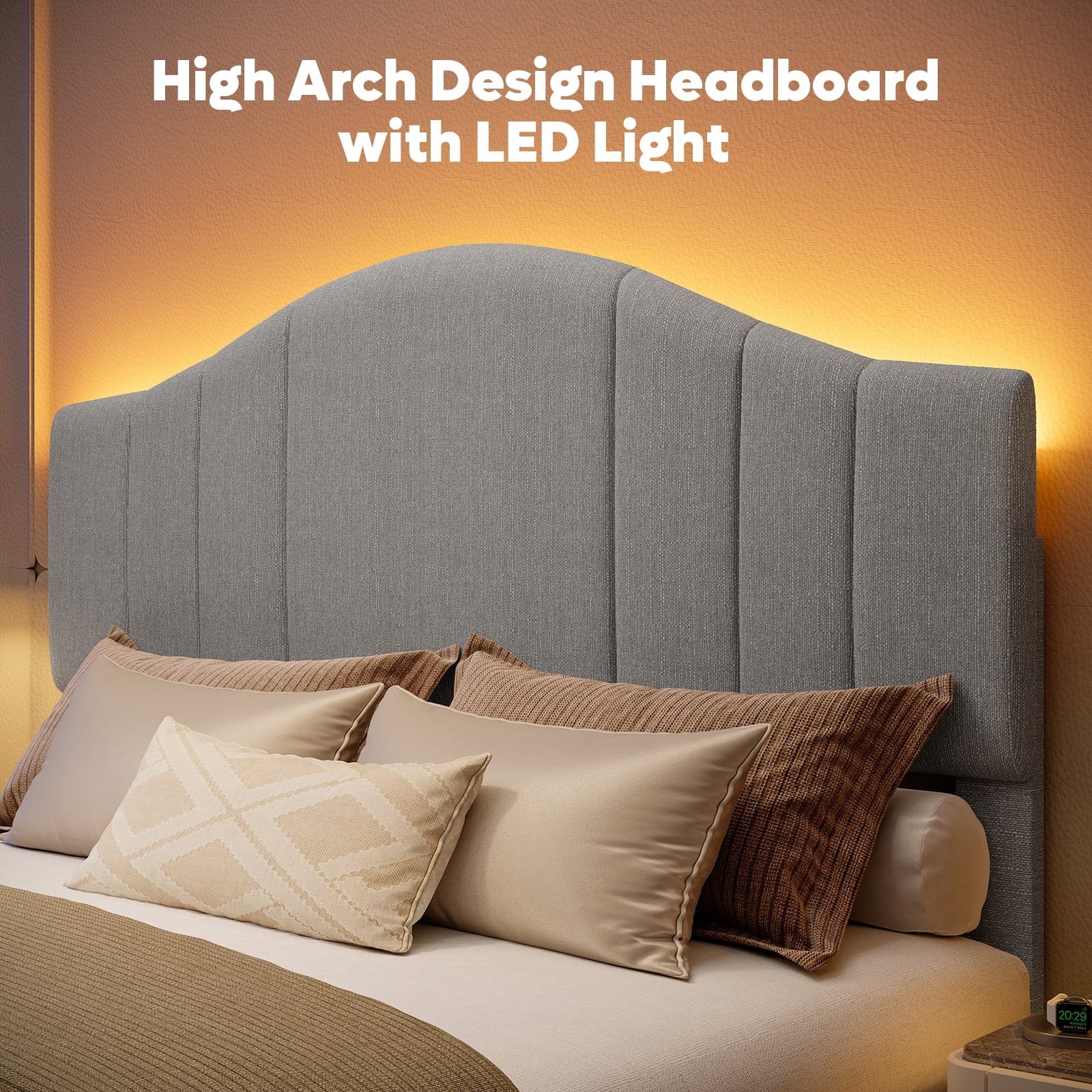 Full Upholstered Bed Frame with Adjustable Arc-Shaped Headboard, LED Platform Bed, Fabric Gray