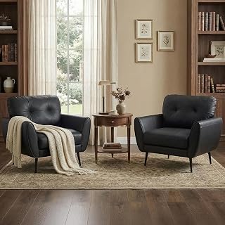 Black Tufted Leather Accent Chairs Set 2, Wide Armchairs Living Room Office |  Waiting Room Chairs, Bedroom Reading Chairs, Wide Padded Seats, Supportive Armrests, Office and Reception Seating