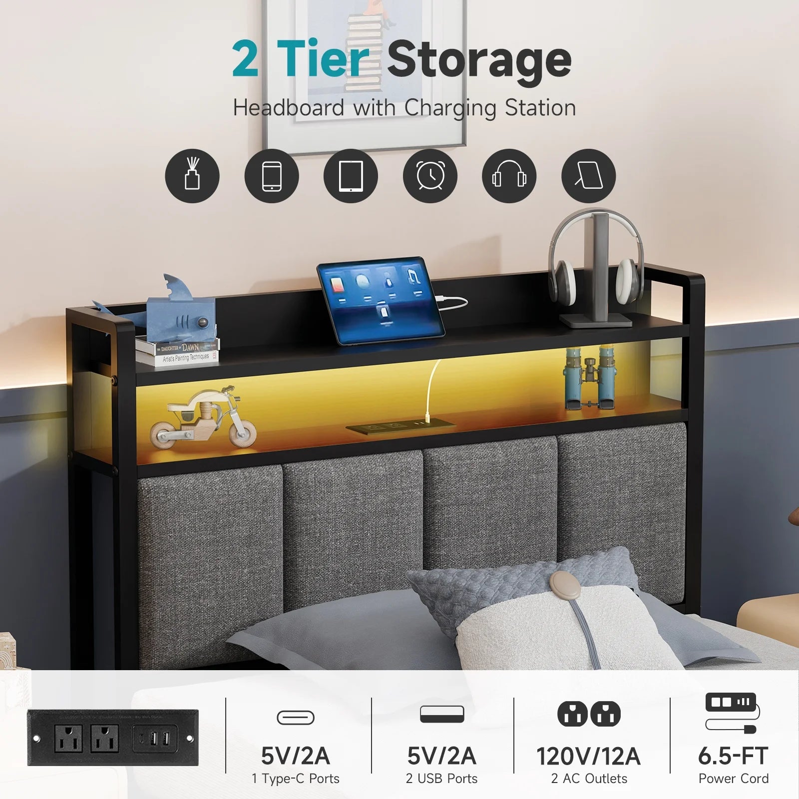 Storage Metal Platform Bed Frames with LED Light, Twin