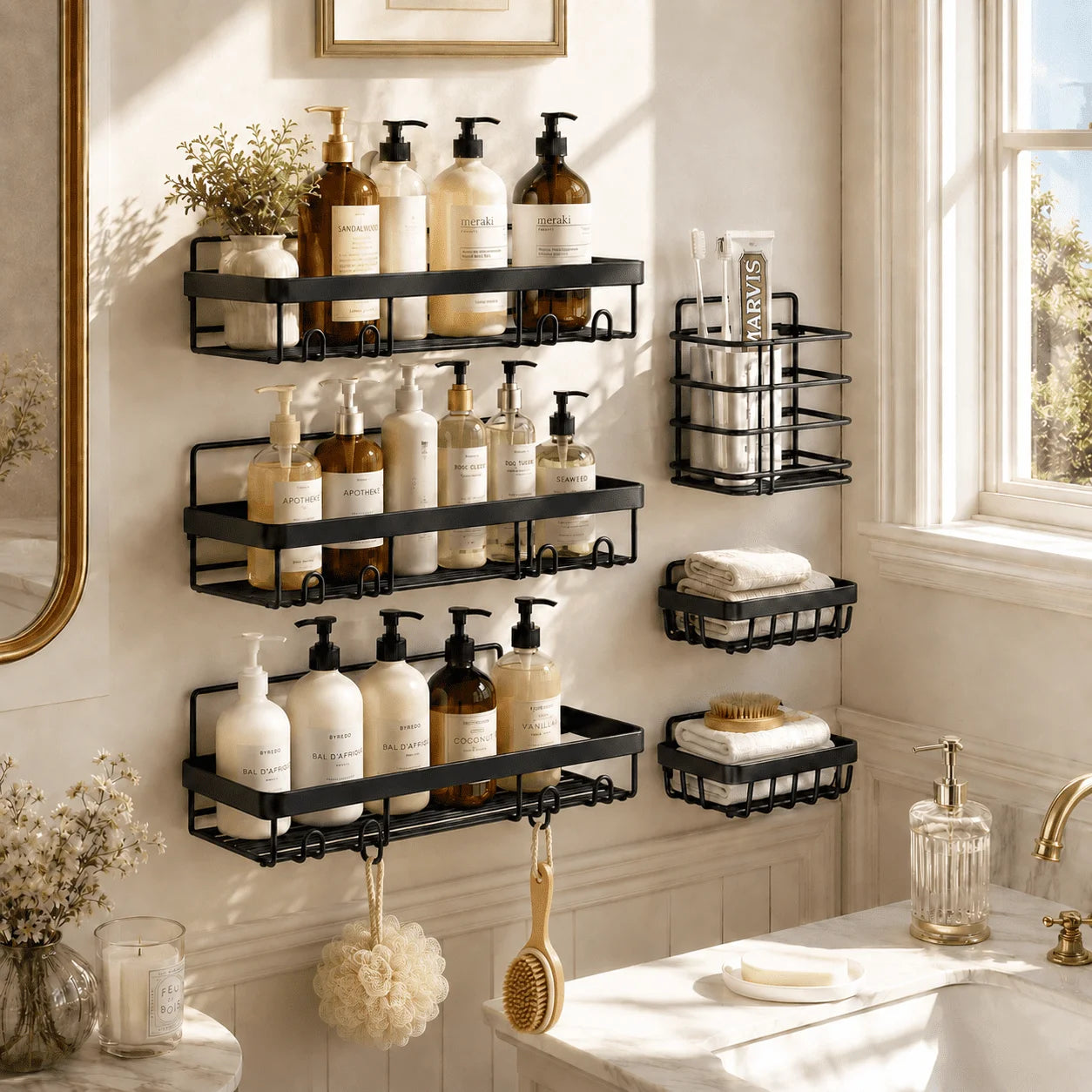 6 PCS Shower Caddy, No Drilling Bathroom Organizer with Soap Holder, Adhesive Bathroom Caddy, Black