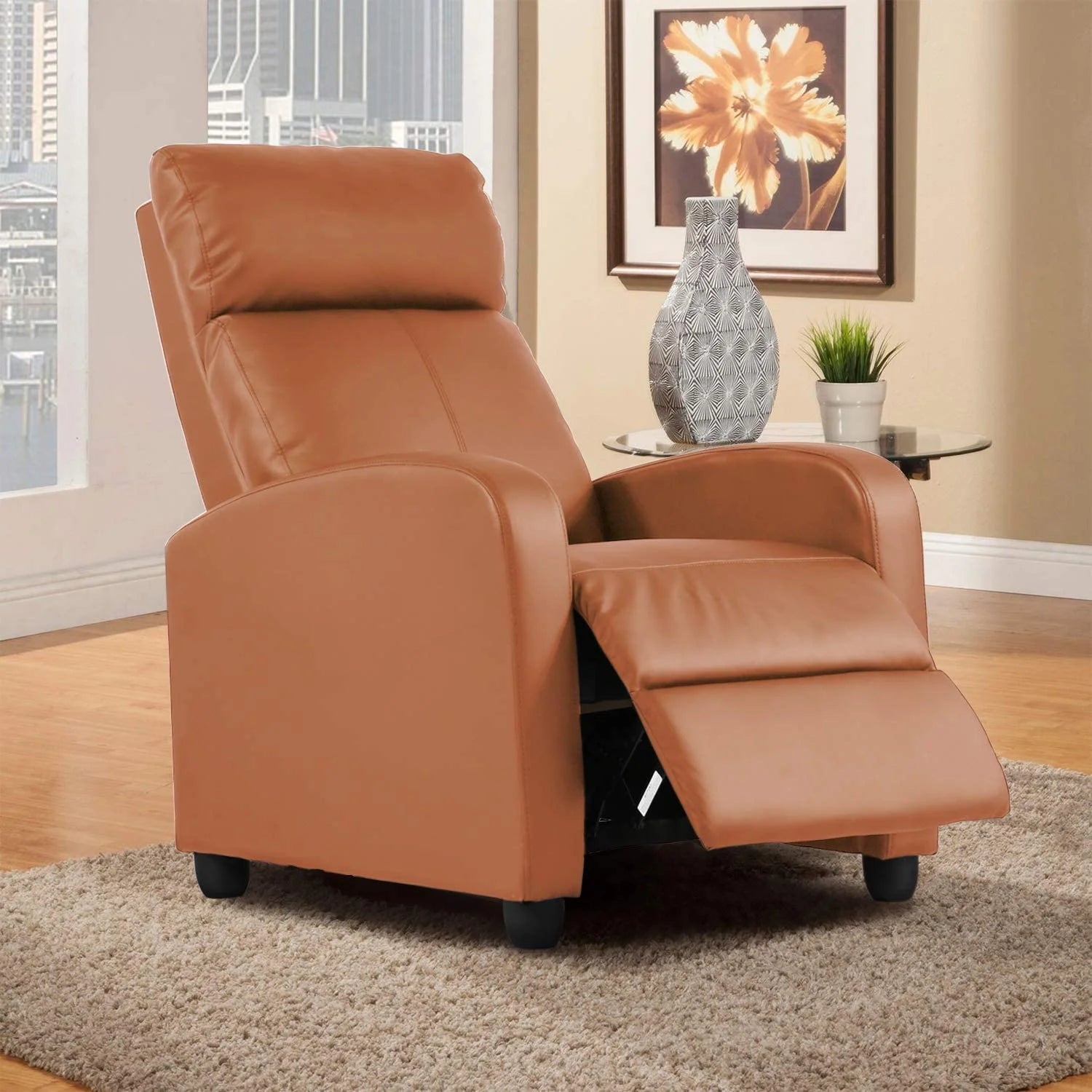 Recliner Chair for Living Room Furniture Home Theater Seating Glider Chairs Modern Wingback Single Sofa PU Leather with Footrest (Tan)