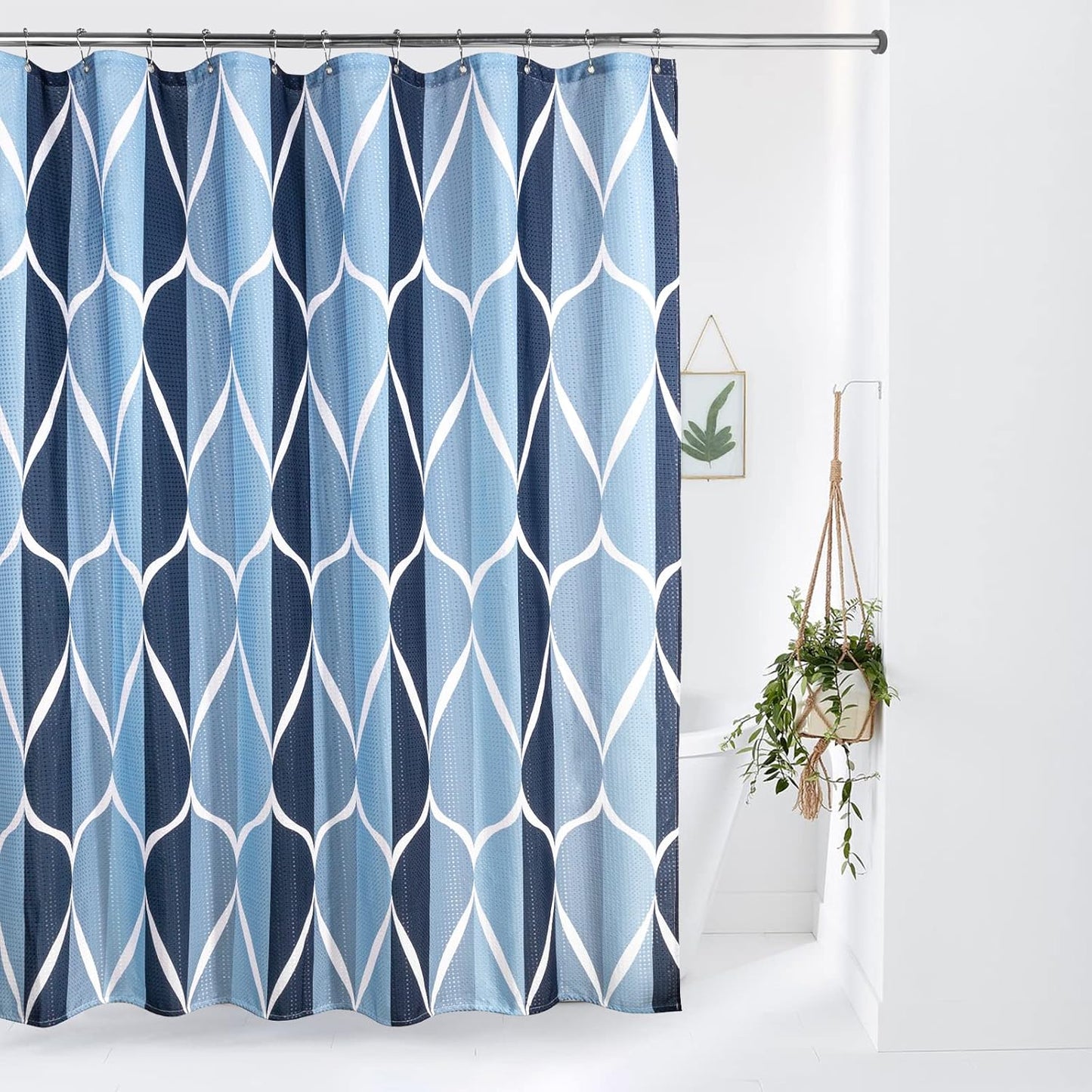 Geometric Shower Curtain with Stainless Steel Hooks - Heavy Duty Fabric Shower Curtains, Water Resistant, Machine Washable, Weighted Hem, 72 X 72 Inches (Blue)