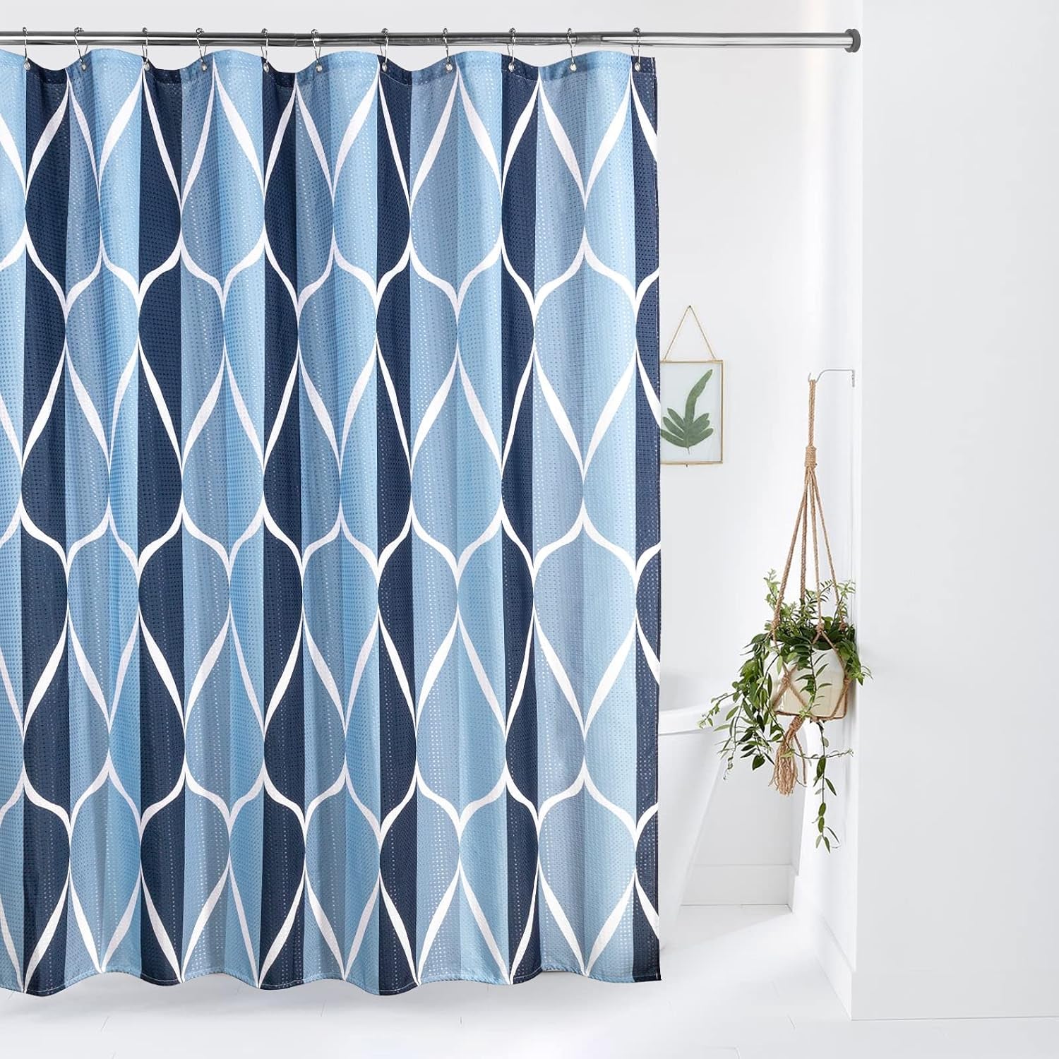 Geometric Shower Curtain with Stainless Steel Hooks - Heavy Duty Fabric Shower Curtains, Water Resistant, Machine Washable, Weighted Hem, 72 X 72 Inches (Blue)