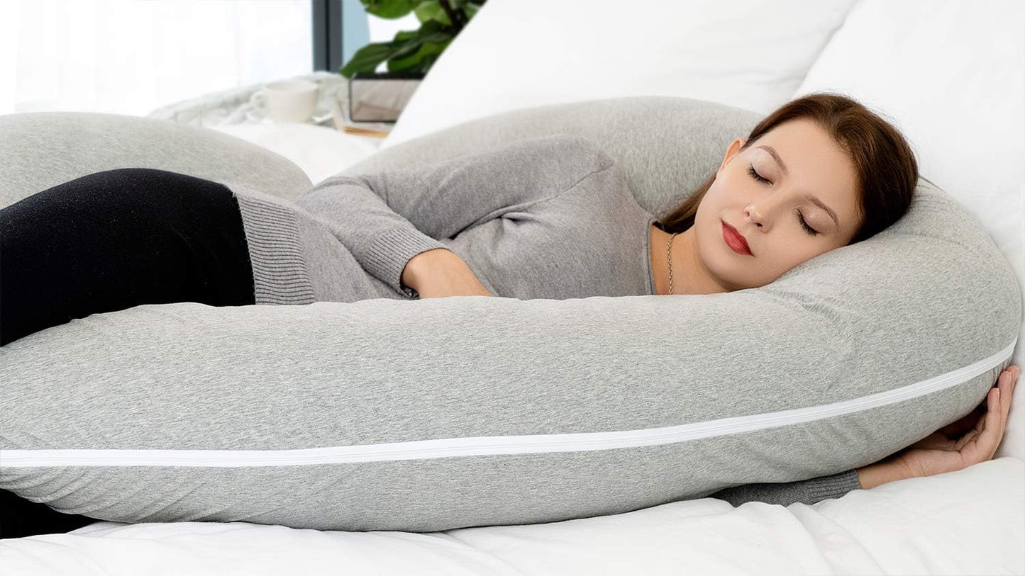 Pregnancy Pillow for Sleeping, Maternity Pillow with Jersey Cotton Cover,C Shaped Body Pillow for Pregnant (Natural Gray)