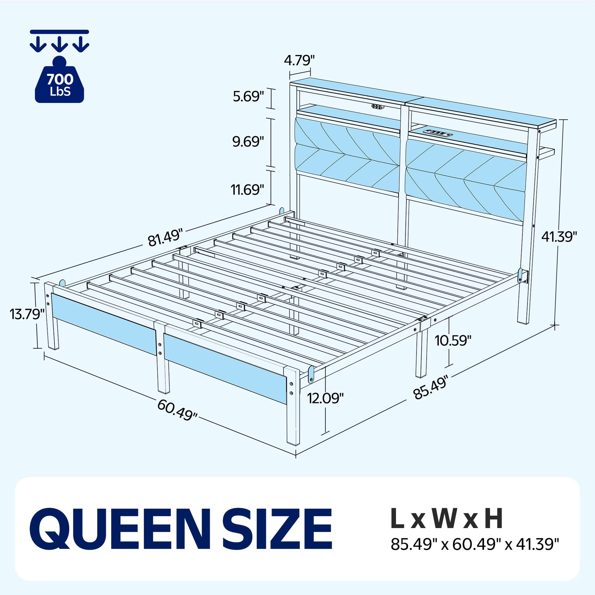 Queen LED Bed Frame with Headboard Storage - Charging Station,Off White