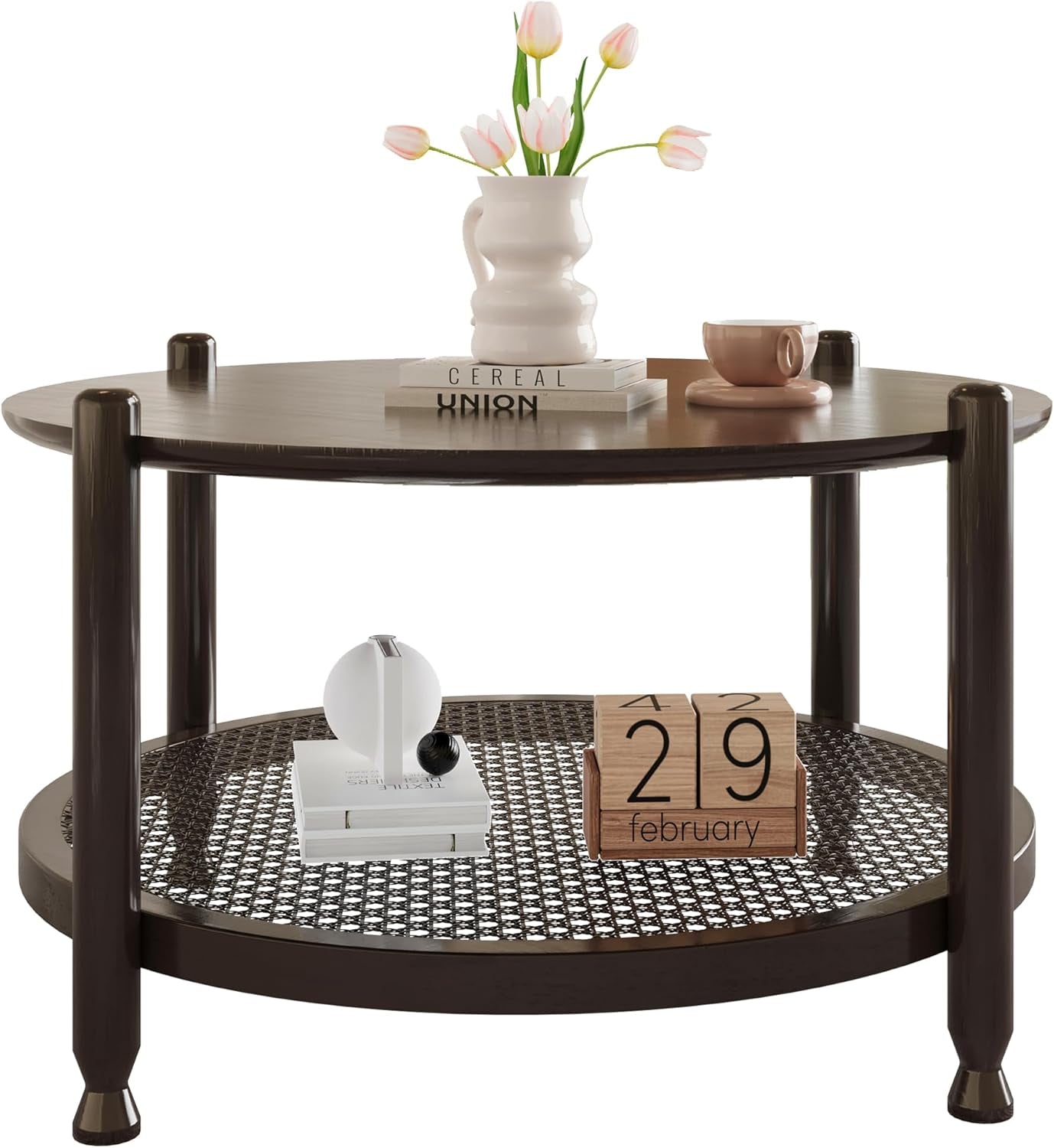 32" round Coffee Table for Living Room, 2-Tier Solid Wood Center Table for Home Decor with Boho Woven Rattan Storage Shelf | Modern Farmhouse Design, Easy Assembly, Black Brown