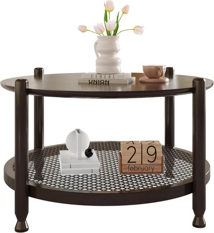 32" round Coffee Table for Living Room, 2-Tier Solid Wood Center Table for Home Decor with Boho Woven Rattan Storage Shelf | Modern Farmhouse Design, Easy Assembly, Black Brown