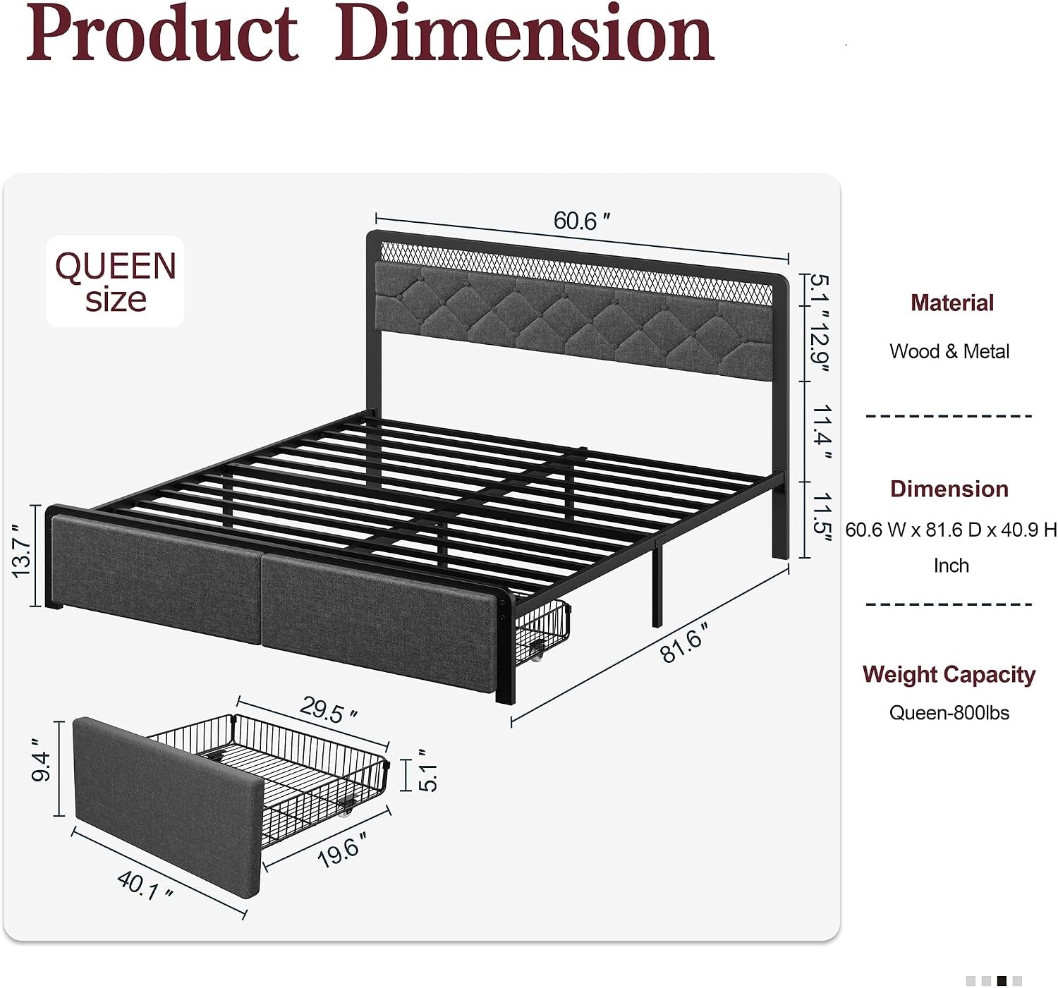 Queen Size Bed Frame with Headboard, Metal Platform Bed Frames Queen Size with 2 Under-Bed Storage Drawers, LED Lights, Soft Linen, Noise Free, No Box Spring Needed, Easy Assembly, Gray