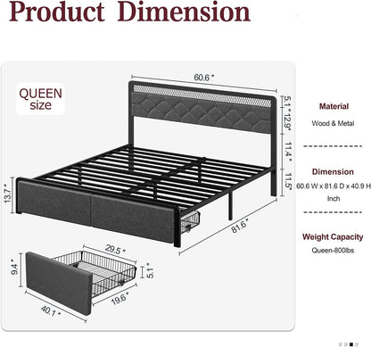 Queen Size Bed Frame with Headboard, Metal Platform Bed Frames Queen Size with 2 Under-Bed Storage Drawers, LED Lights, Soft Linen, Noise Free, No Box Spring Needed, Easy Assembly, Gray
