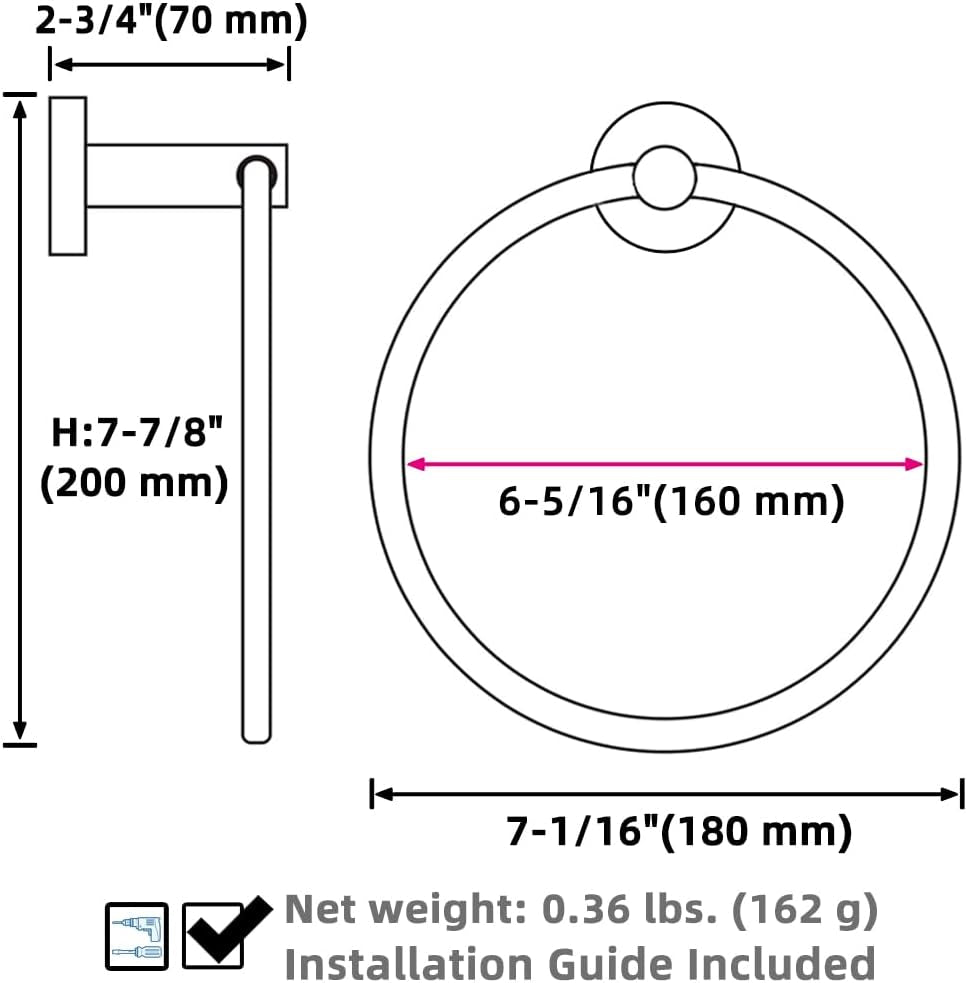 Matte Black Towel Ring Wall Mounted, Hand Towel Holder for Bathroom, Solid Stainless Steel round Wall Hanger