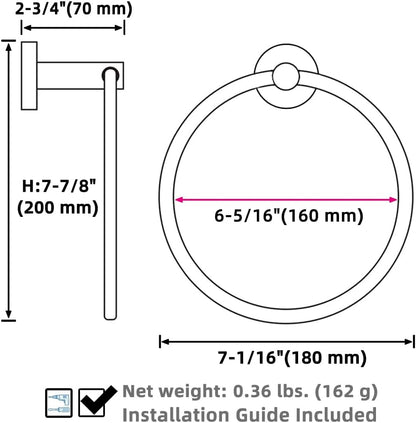 Matte Black Towel Ring Wall Mounted, Hand Towel Holder for Bathroom, Solid Stainless Steel round Wall Hanger
