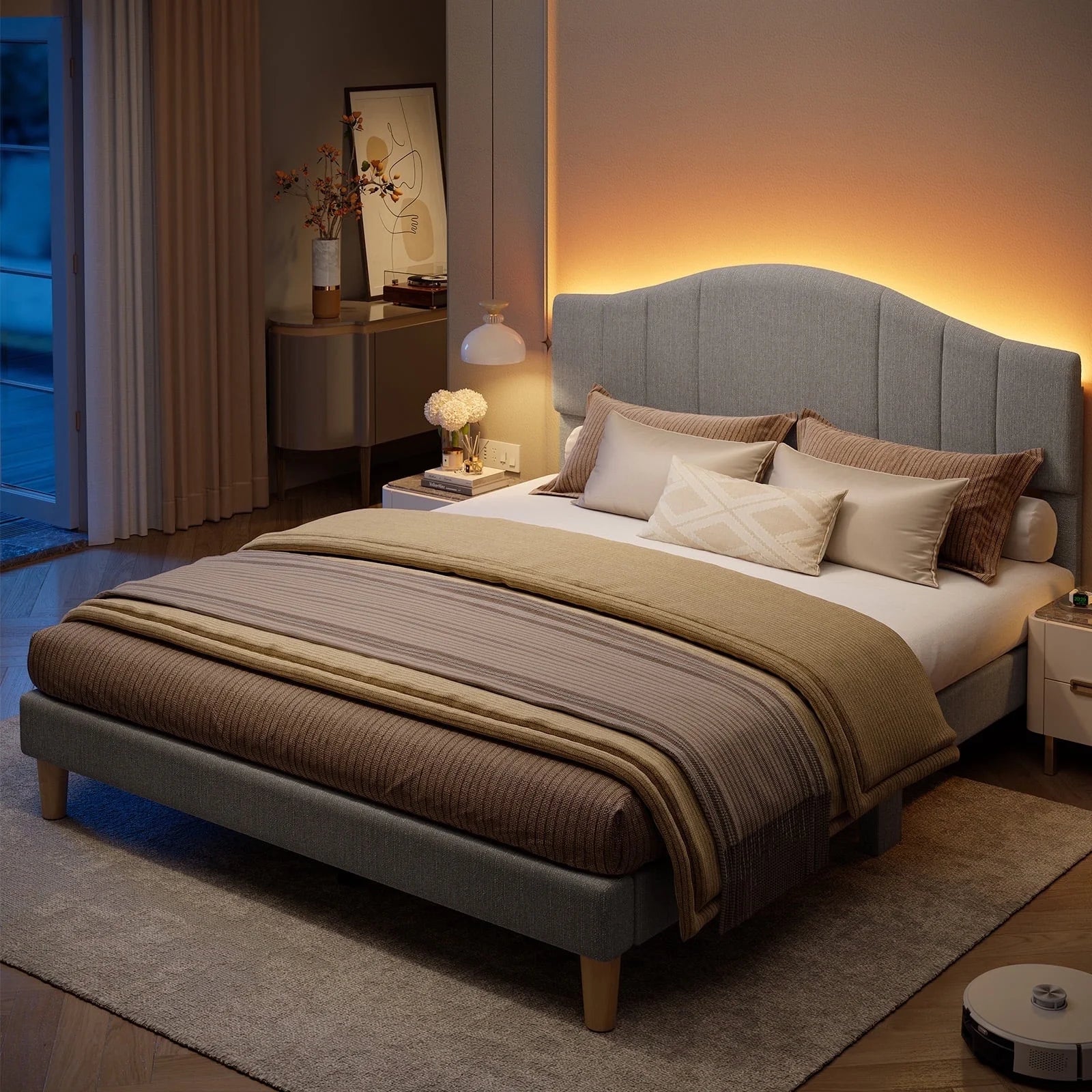 Full Upholstered Bed Frame with Adjustable Arc-Shaped Headboard, LED Platform Bed, Fabric Gray