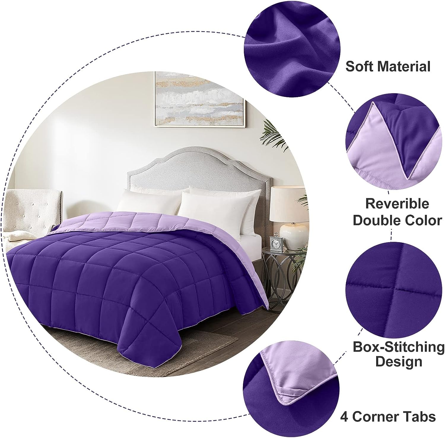 Twin/Twin XL Comforter - Bed Duvet Insert Lightweight | Clump-Free Washable, All Season Soft down Alternative Bedding Blanket Quilted, Reversible Purple/Lavender College Dorm