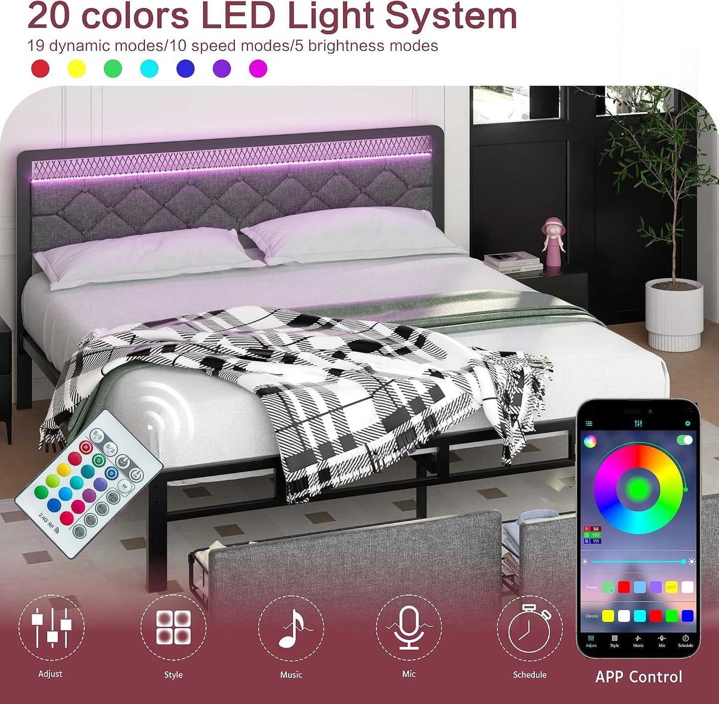 Queen Size Bed Frame with Headboard, Metal Platform Bed Frames Queen Size with 2 Under-Bed Storage Drawers, LED Lights, Soft Linen, Noise Free, No Box Spring Needed, Easy Assembly, Gray