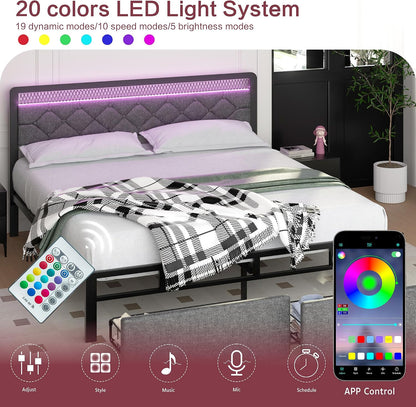 Queen Size Bed Frame with Headboard, Metal Platform Bed Frames Queen Size with 2 Under-Bed Storage Drawers, LED Lights, Soft Linen, Noise Free, No Box Spring Needed, Easy Assembly, Gray