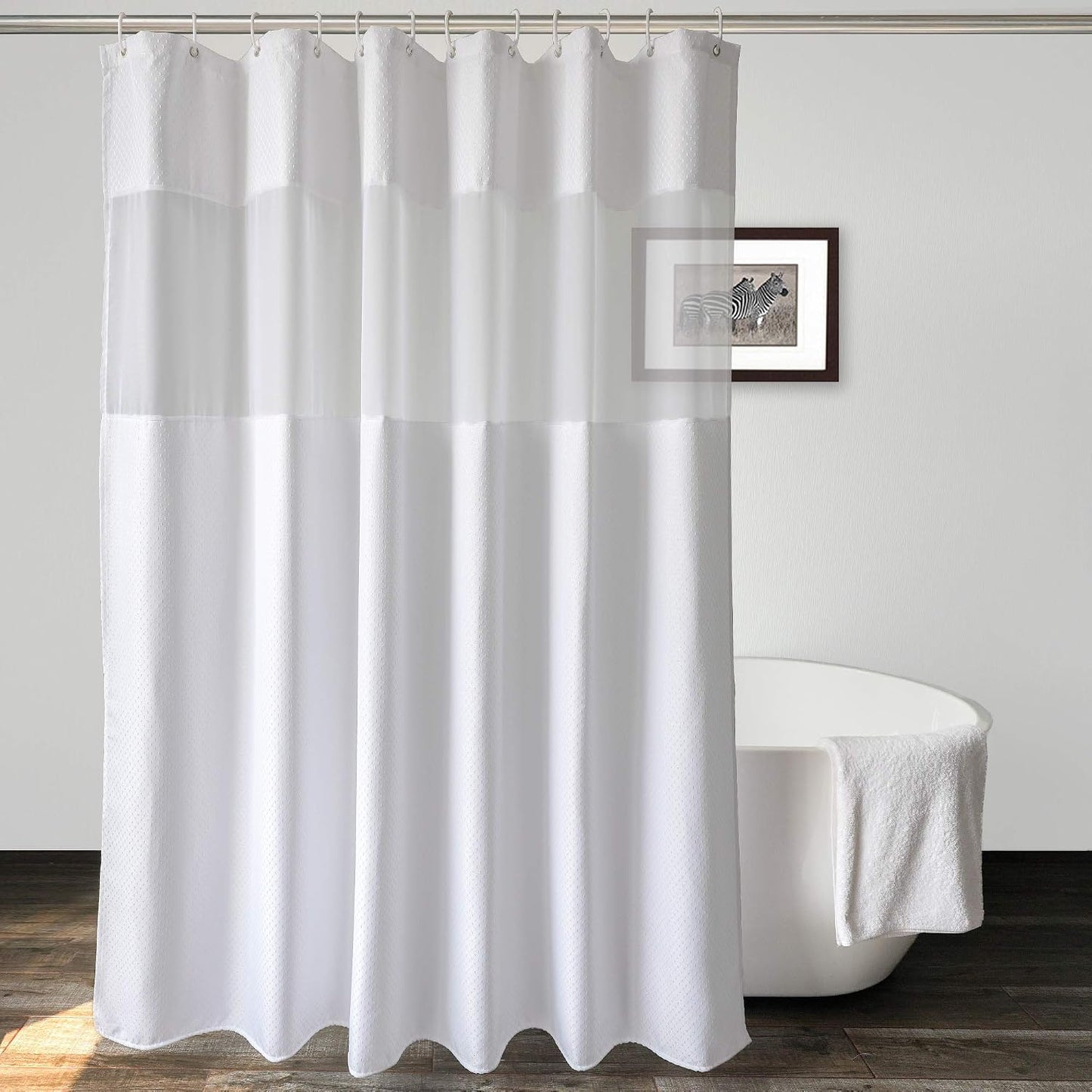 Waffle Weave Fabric Shower Curtain with Mesh Window, Heavy Duty Decorative Bathroom Curtain with White Pique Pattern, Spa-Like Hotel Luxury, Water-Repellent,71X 74 Inches