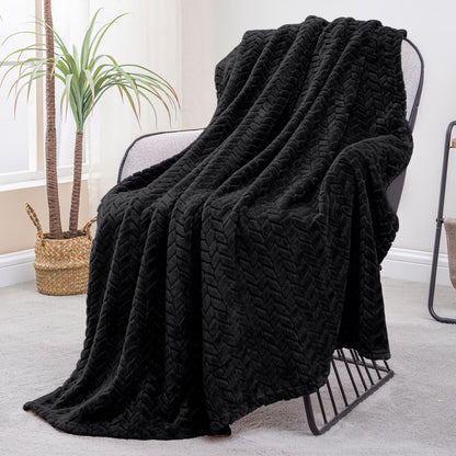 Large Flannel Fleece Throw Blanket, Jacquard Weave Leaves Pattern (50" X 70", Black)