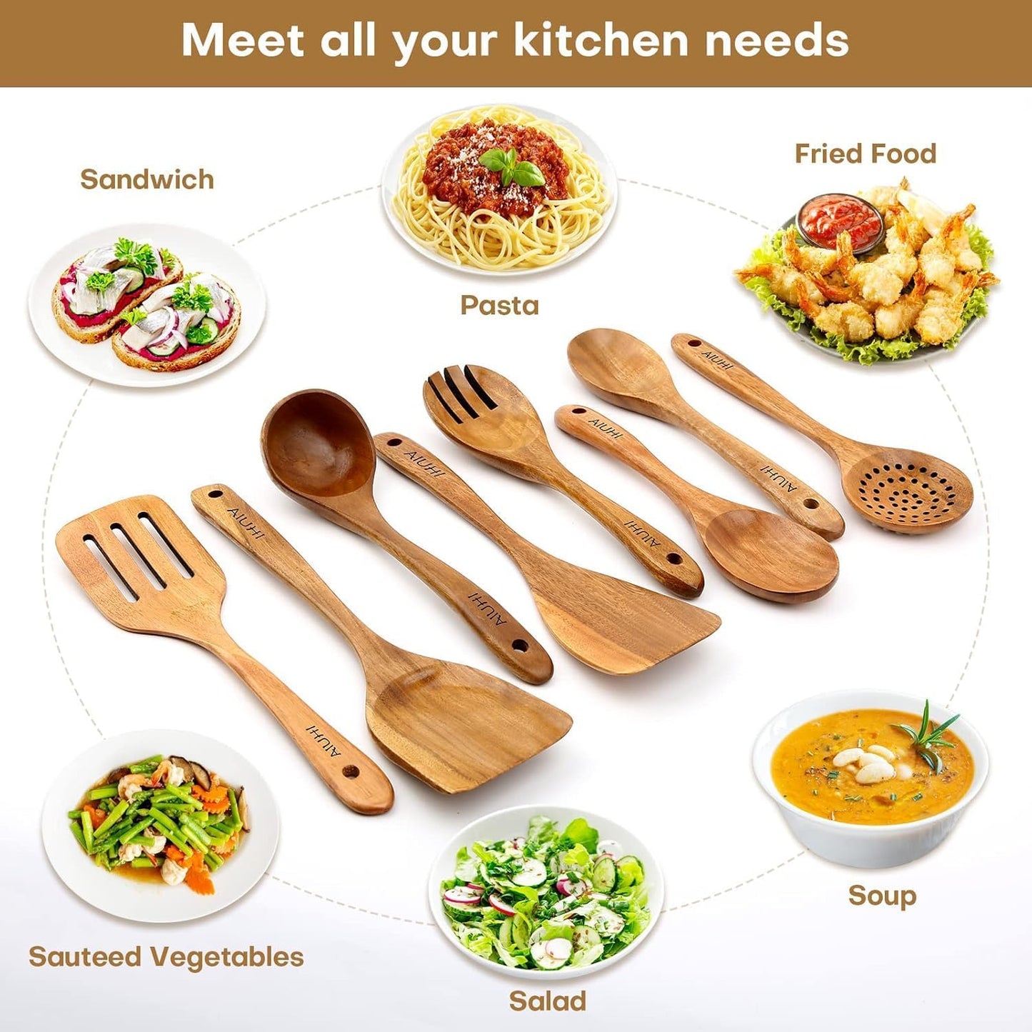 Teak Wood 8-Piece Wooden Kitchen Utensils Set, Wooden Spoons for Cooking, Smooth Wood Spatula Set for Nonstick Cookware, Daily Cooking, Housewarming Gift