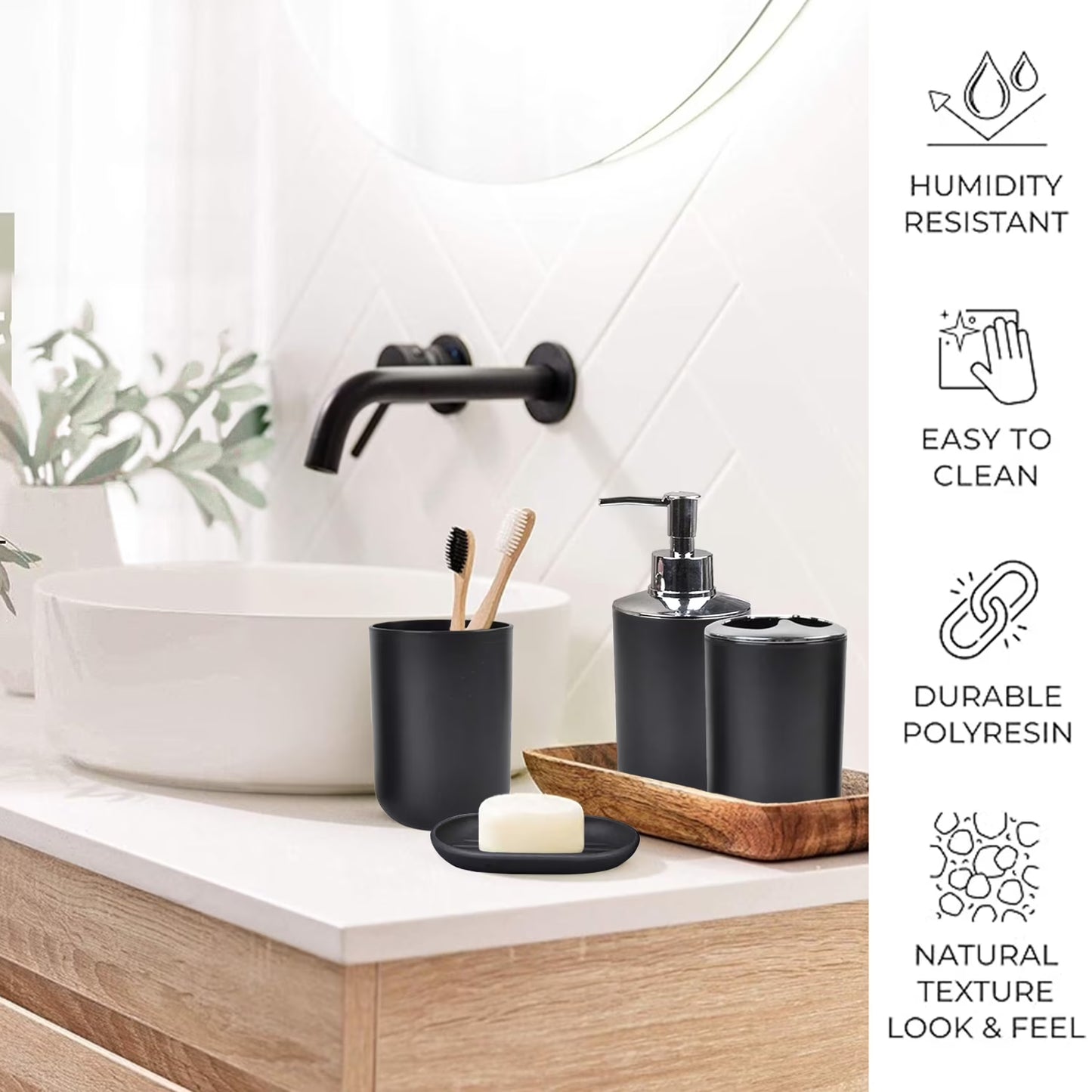 6 Plastic Bathroom Linen & Accessory Set, Black