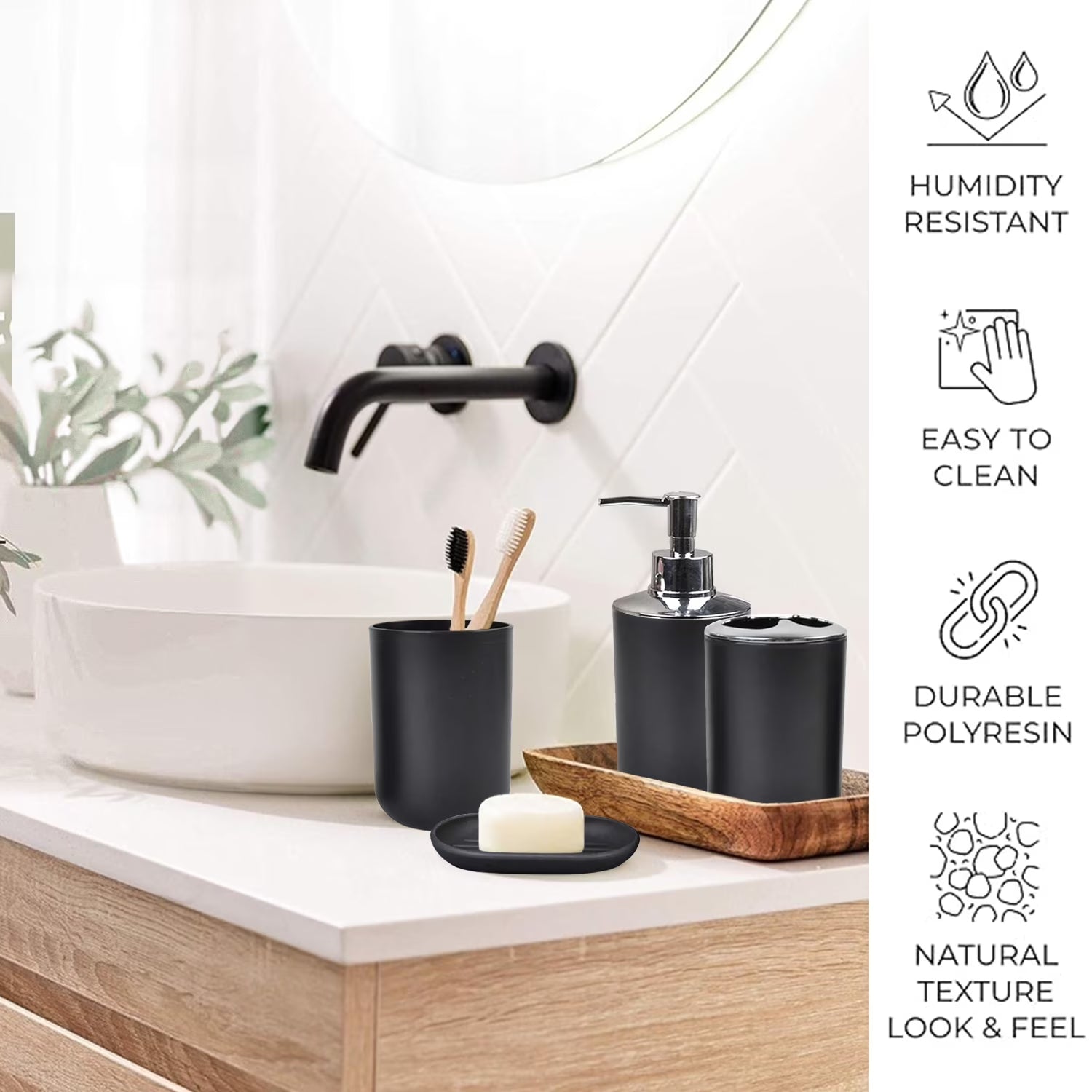 6 Plastic Bathroom Linen & Accessory Set, Black