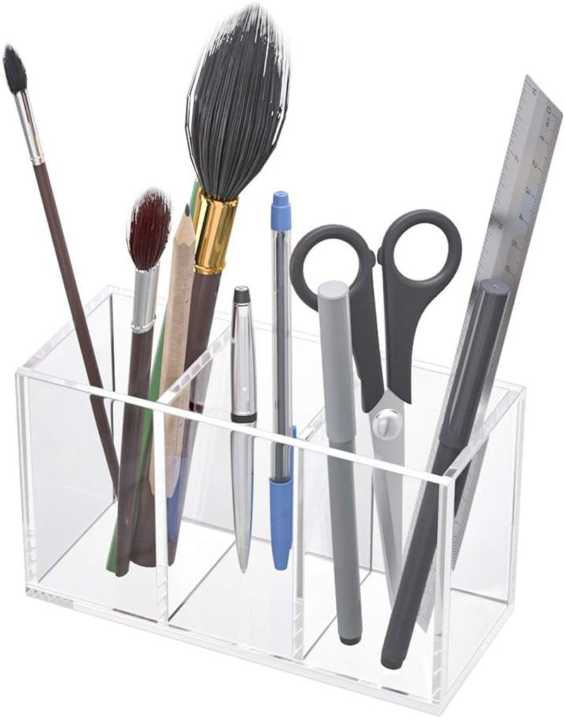 Acrylic Pen Holder 3 Compartments, Clear Pencil Organizer Cup for Countertop Desk Accessory Storage | Scratch-Resistant Thick Acrylic with 3 Slots for Pens, Pencils, Makeup Brushes, Office, Vanity and School Use