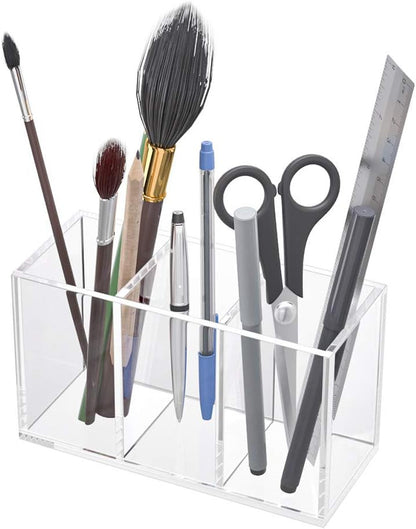 Acrylic Pen Holder 3 Compartments, Clear Pencil Organizer Cup for Countertop Desk Accessory Storage | Scratch-Resistant Thick Acrylic with 3 Slots for Pens, Pencils, Makeup Brushes, Office, Vanity and School Use