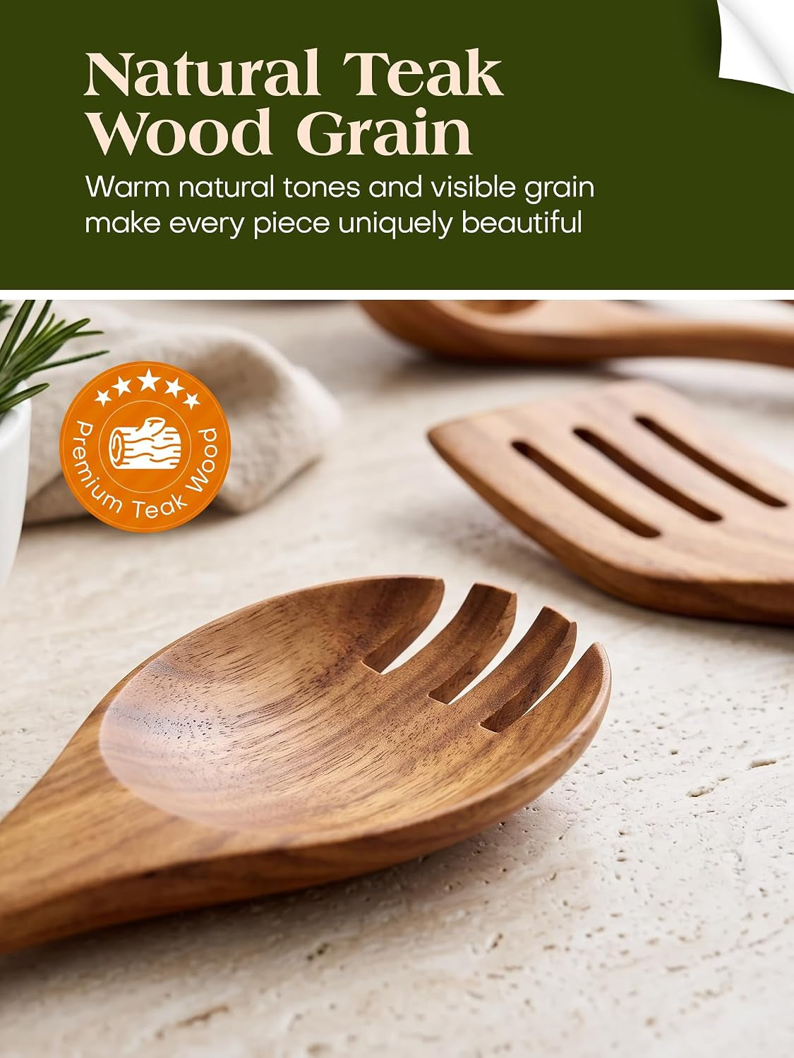 Teak Wood 8-Piece Wooden Kitchen Utensils Set, Wooden Spoons for Cooking, Smooth Wood Spatula Set for Nonstick Cookware, Daily Cooking, Housewarming Gift