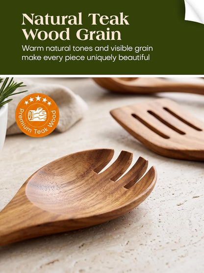 Teak Wood 8-Piece Wooden Kitchen Utensils Set, Wooden Spoons for Cooking, Smooth Wood Spatula Set for Nonstick Cookware, Daily Cooking, Housewarming Gift