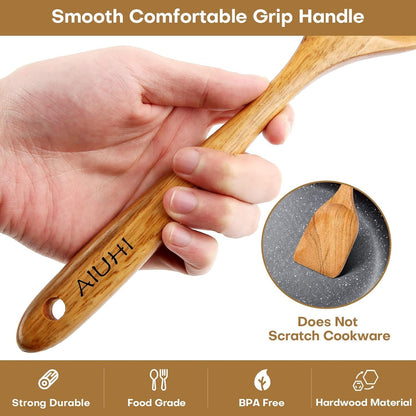Teak Wood 8-Piece Wooden Kitchen Utensils Set, Wooden Spoons for Cooking, Smooth Wood Spatula Set for Nonstick Cookware, Daily Cooking, Housewarming Gift