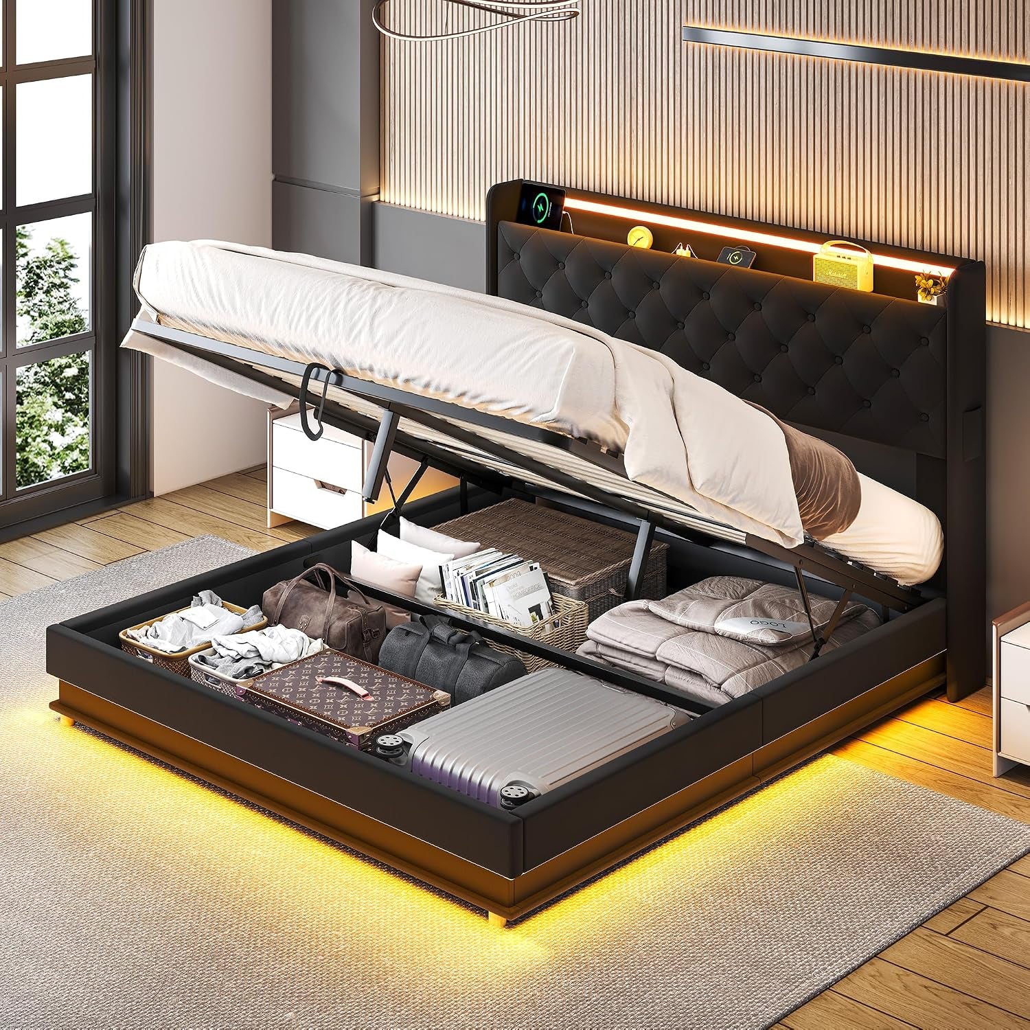 Lift up Storage Bed Queen, Bed Frame Queen Size with Charging Station&Led Lights, Upholstered Platform Bed with Wingback Storage Headboard, Hydraulic Lift System,No Box Spring Needed,Black