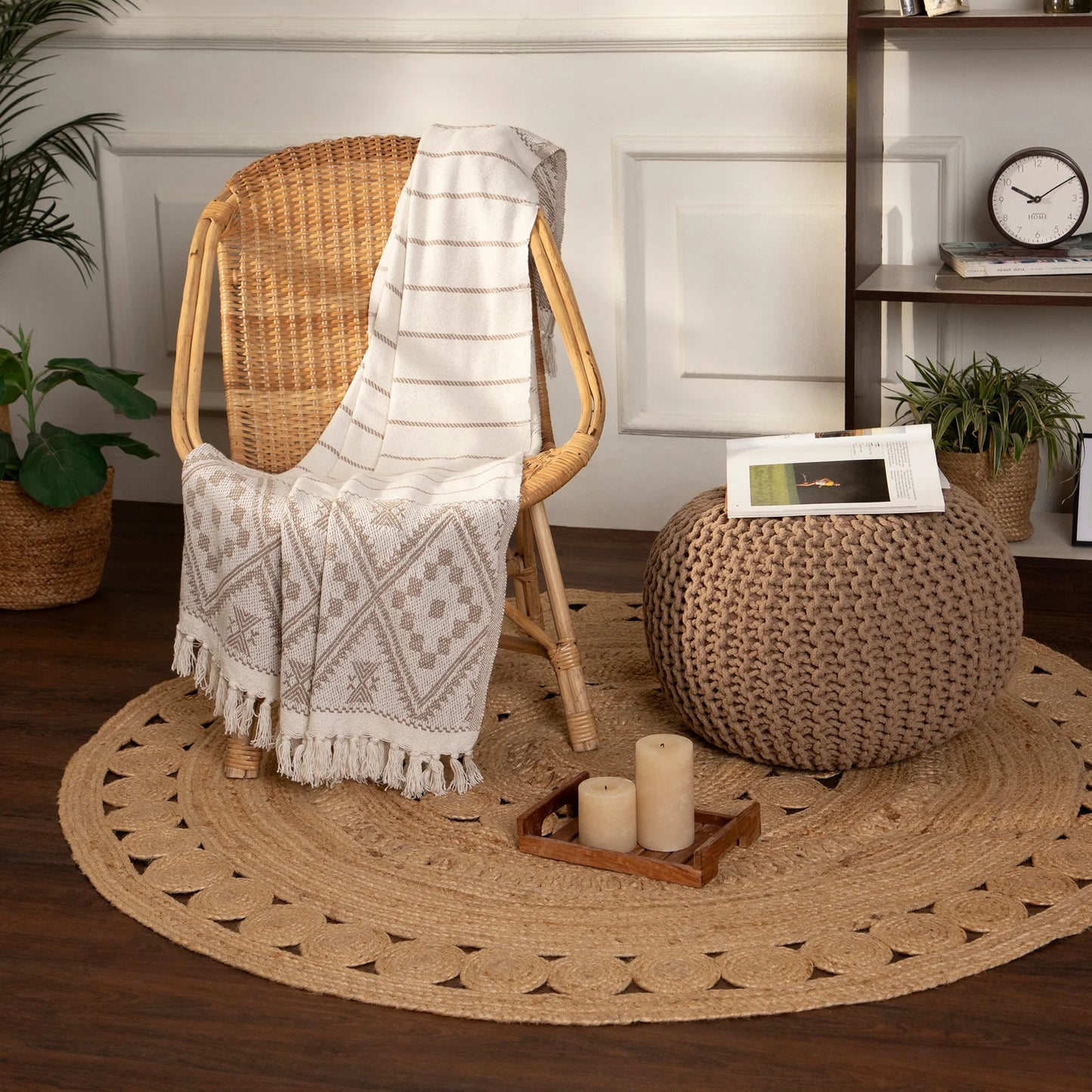 round Pouf Ottoman - Hand Knitted Cable Boho Poof Home Décor Pouffe Circular Footrest for Living Room - Bedroom - Lounge - 100% Cotton (19.5"X19.5"X14") - Beige