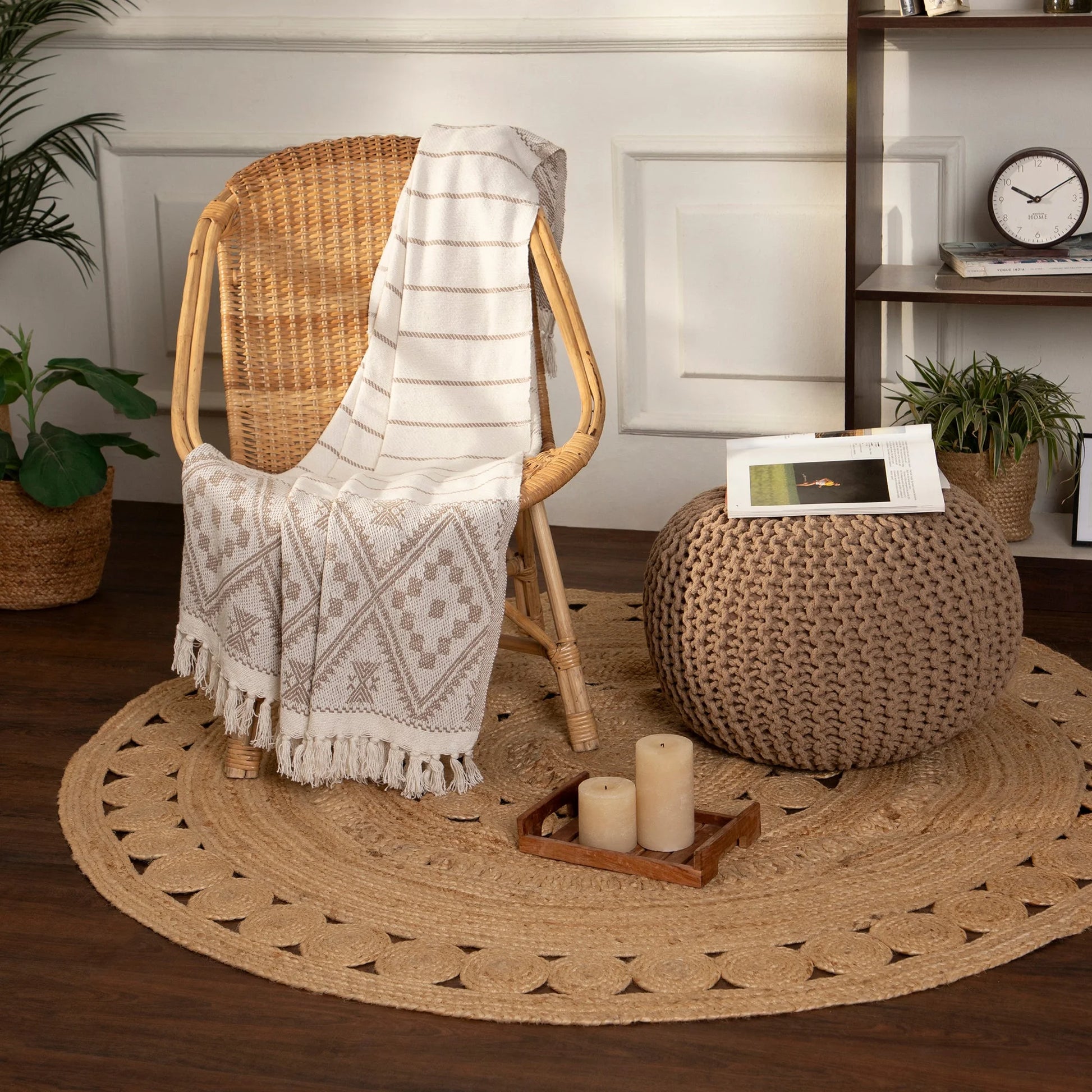 round Pouf Ottoman - Hand Knitted Cable Boho Poof Home Décor Pouffe Circular Footrest for Living Room - Bedroom - Lounge - 100% Cotton (19.5"X19.5"X14") - Beige