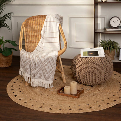 round Pouf Ottoman - Hand Knitted Cable Boho Poof Home Décor Pouffe Circular Footrest for Living Room - Bedroom - Lounge - 100% Cotton (19.5"X19.5"X14") - Beige