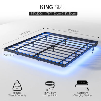 King Size Floating Platform Bed Frame with LED Lights, Charging Station, Sturdy Metal Platform Bed with round Safety Corners and Mattress Stabilizers, 900Lbs Heavy Duty Support, Easy Assembly