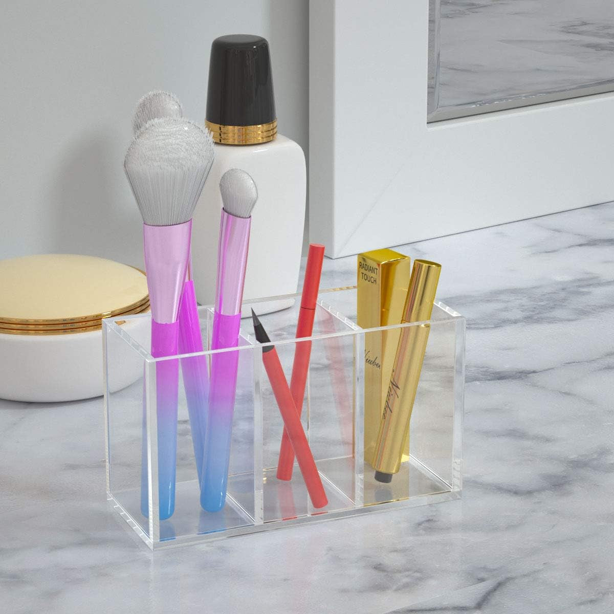 Acrylic Pen Holder 3 Compartments, Clear Pencil Organizer Cup for Countertop Desk Accessory Storage | Scratch-Resistant Thick Acrylic with 3 Slots for Pens, Pencils, Makeup Brushes, Office, Vanity and School Use
