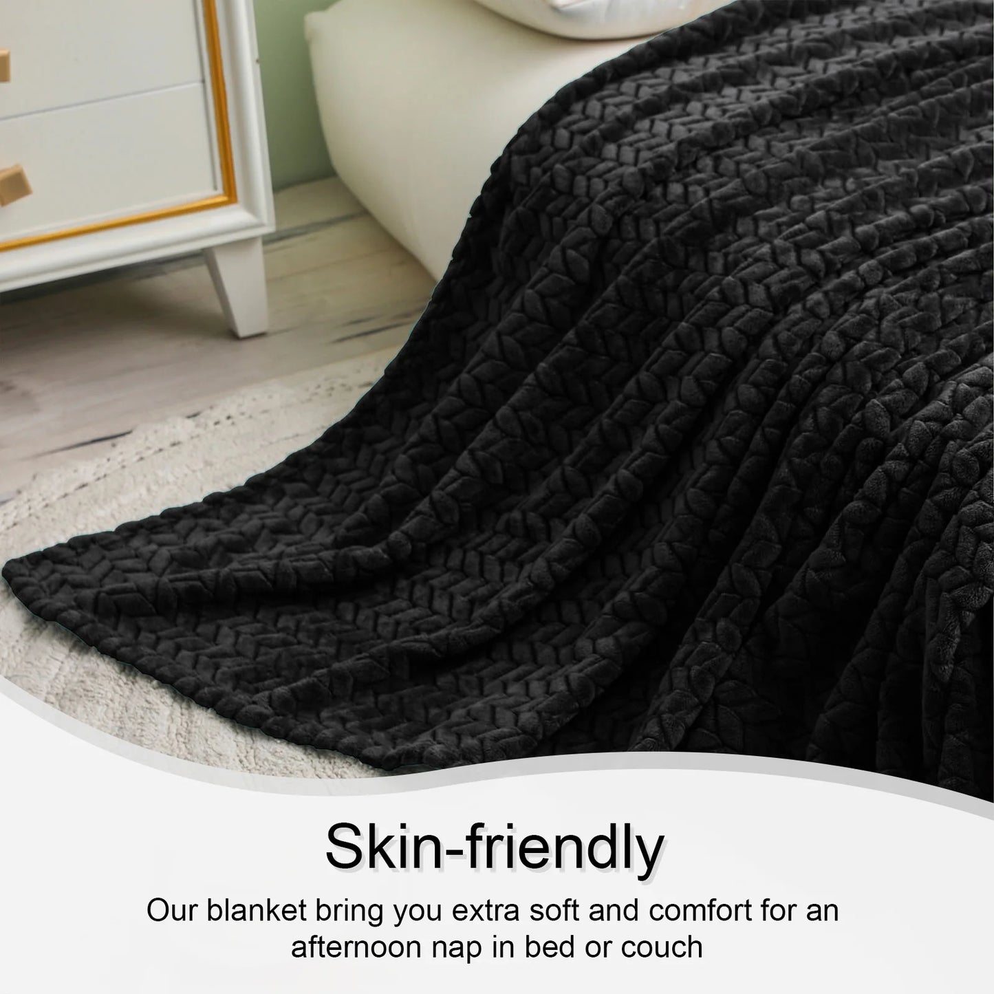 Large Flannel Fleece Throw Blanket, Jacquard Weave Leaves Pattern (50" X 70", Black)