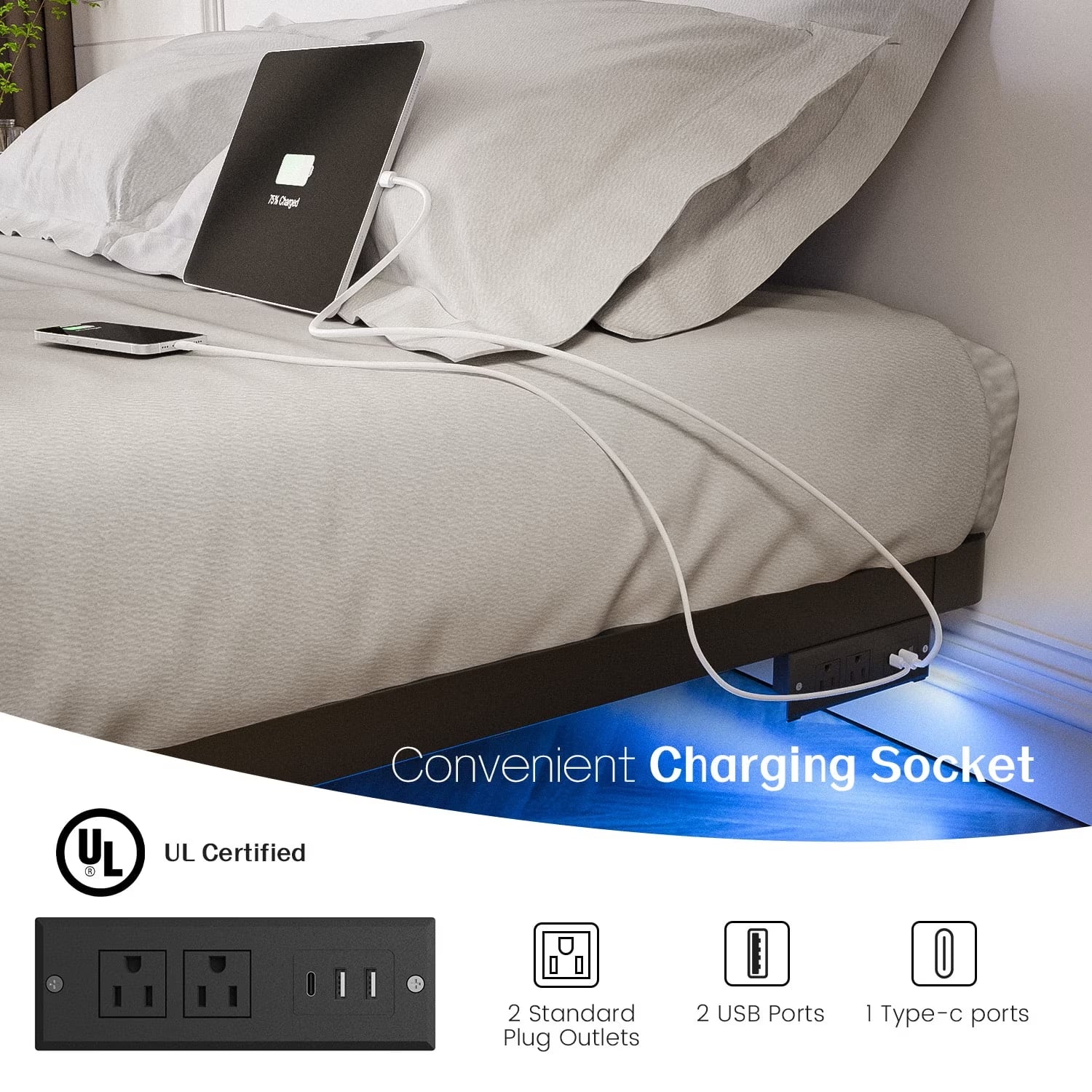 King Size Floating Platform Bed Frame with LED Lights, Charging Station, Sturdy Metal Platform Bed with round Safety Corners and Mattress Stabilizers, 900Lbs Heavy Duty Support, Easy Assembly
