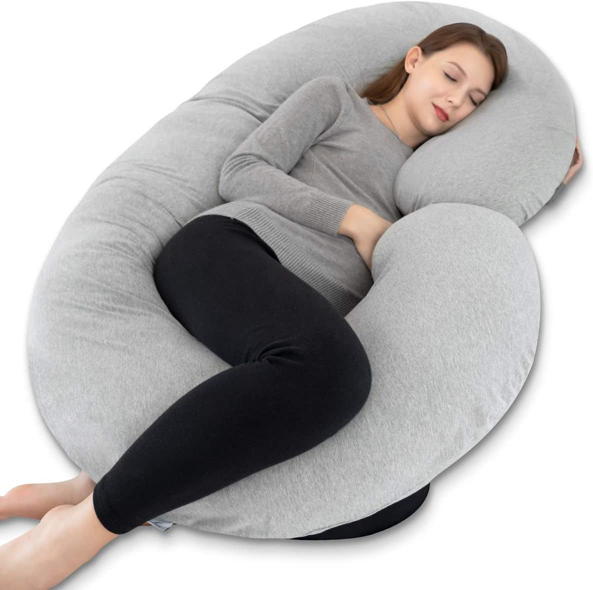 Pregnancy Pillow for Sleeping, Maternity Pillow with Jersey Cotton Cover,C Shaped Body Pillow for Pregnant (Natural Gray)
