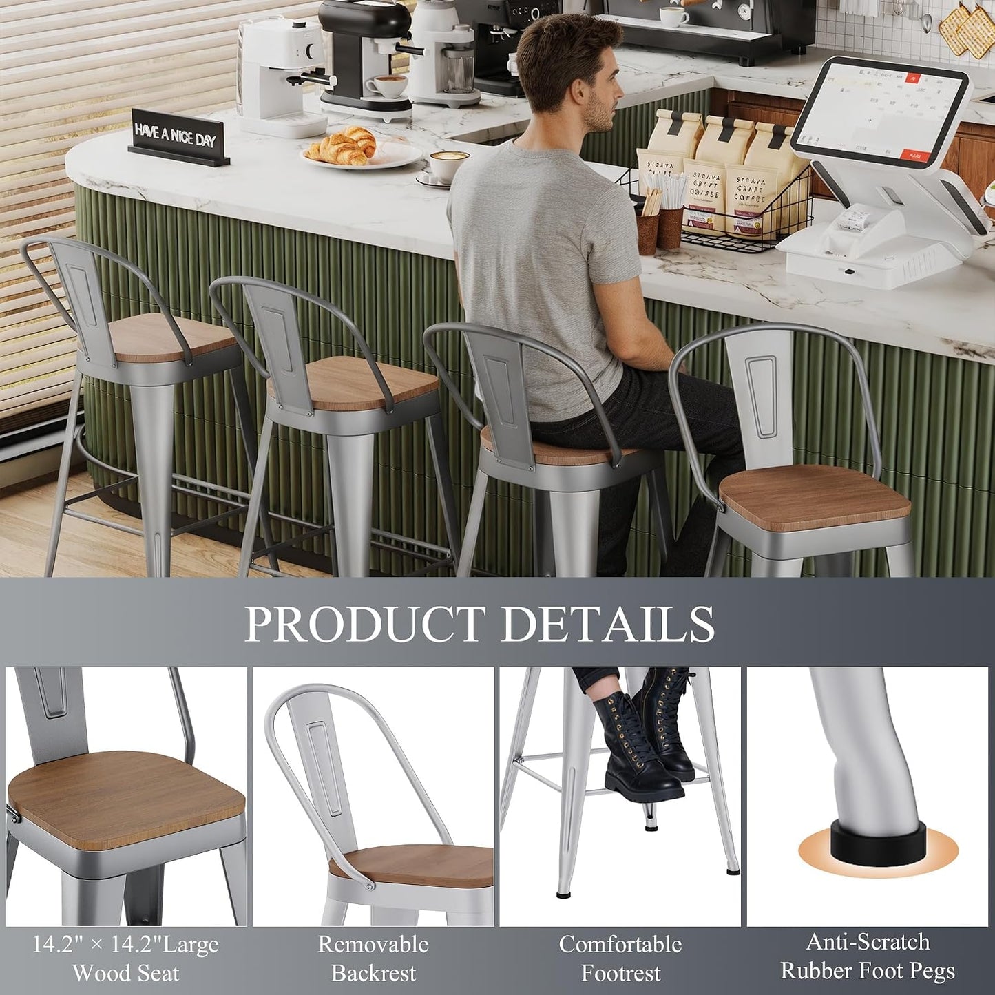 Industrial Metal Bar Stools Set of 4, 26 Inch Counter Height Barstools with Backs, Farmhouse Style, Silver
