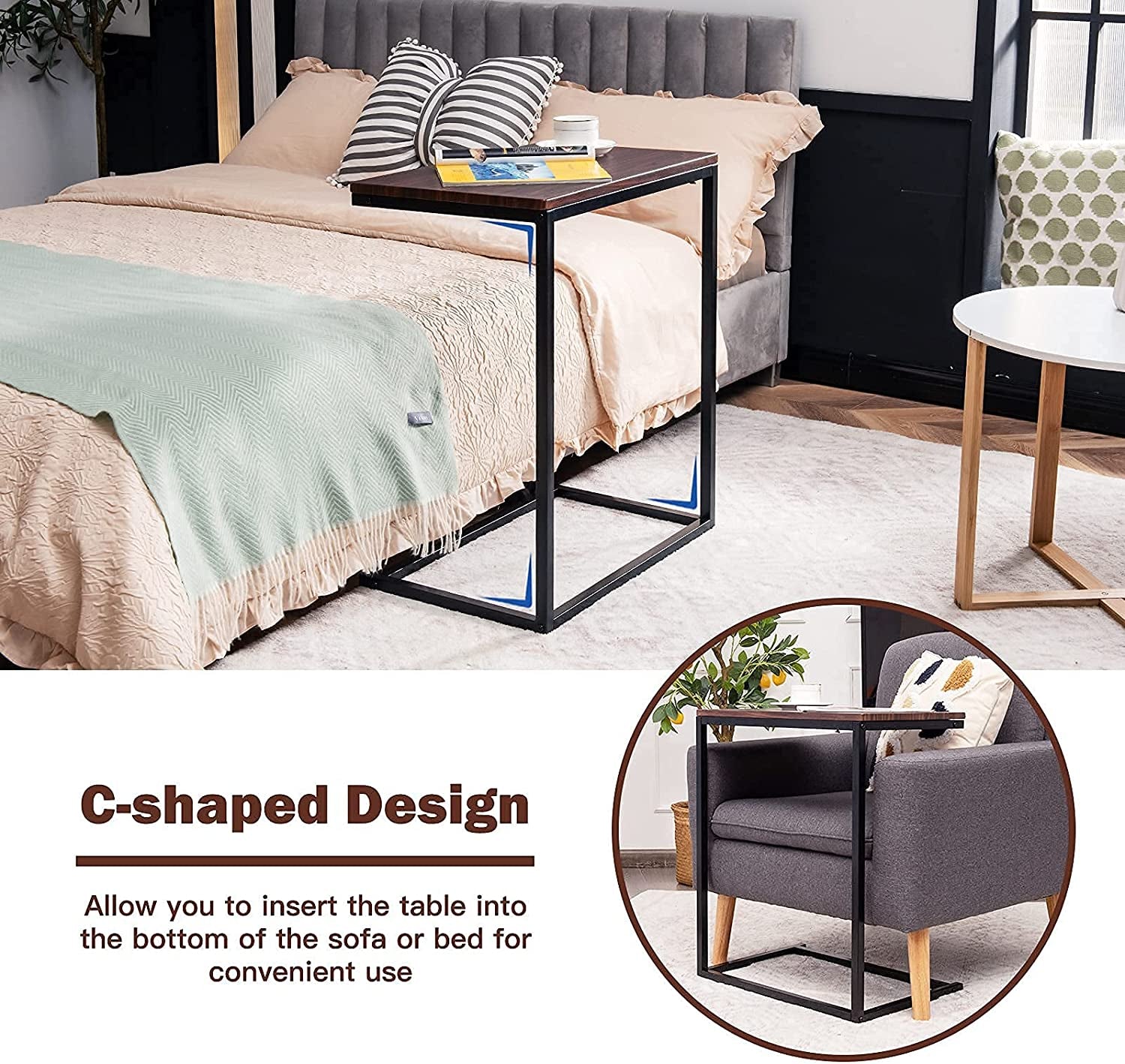 C Shaped End Table, Couch Sofa Side TV Tray for Coffee Snack Laptop, Vintage Bedside Table for Living Room, Bedroom