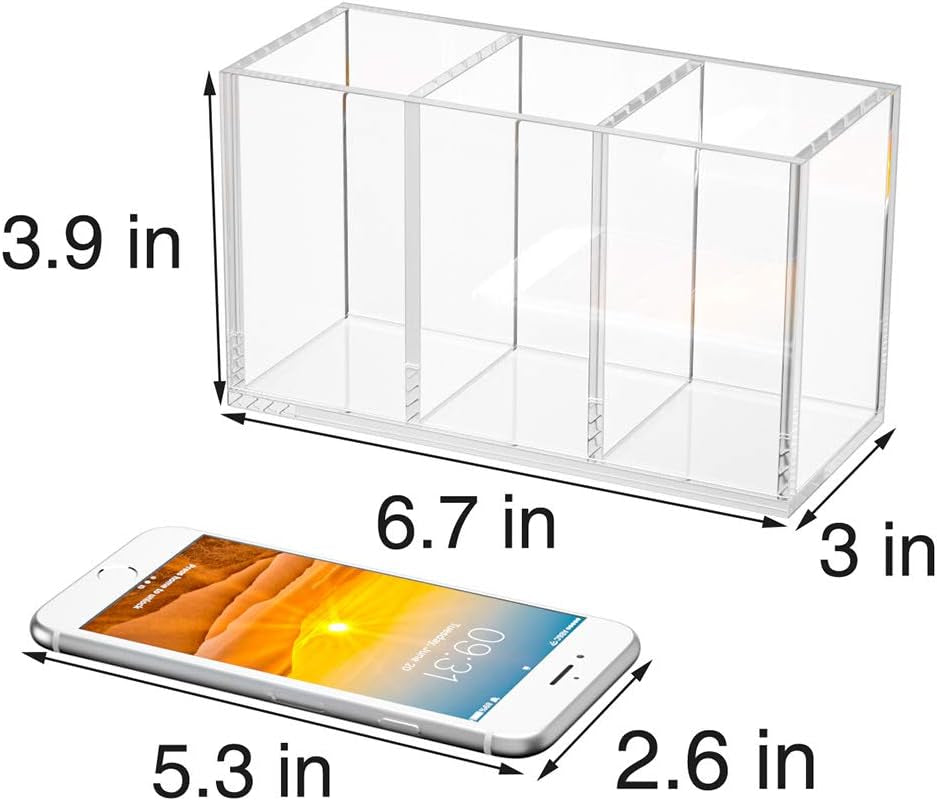 Acrylic Pen Holder 3 Compartments, Clear Pencil Organizer Cup for Countertop Desk Accessory Storage | Scratch-Resistant Thick Acrylic with 3 Slots for Pens, Pencils, Makeup Brushes, Office, Vanity and School Use