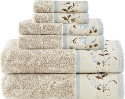 Serene 100% Cotton Bath Towel Set Luxurious Floral Decorative Towels for Bathroom Embroidered Cotton Jacquard Design Soft Highly Absorbent for Shower 600 GSM, Multi-Sizes, Blue 6 Piece | Luxurious Floral Decorative Towels for Bathroom, Embroidered Jacquar