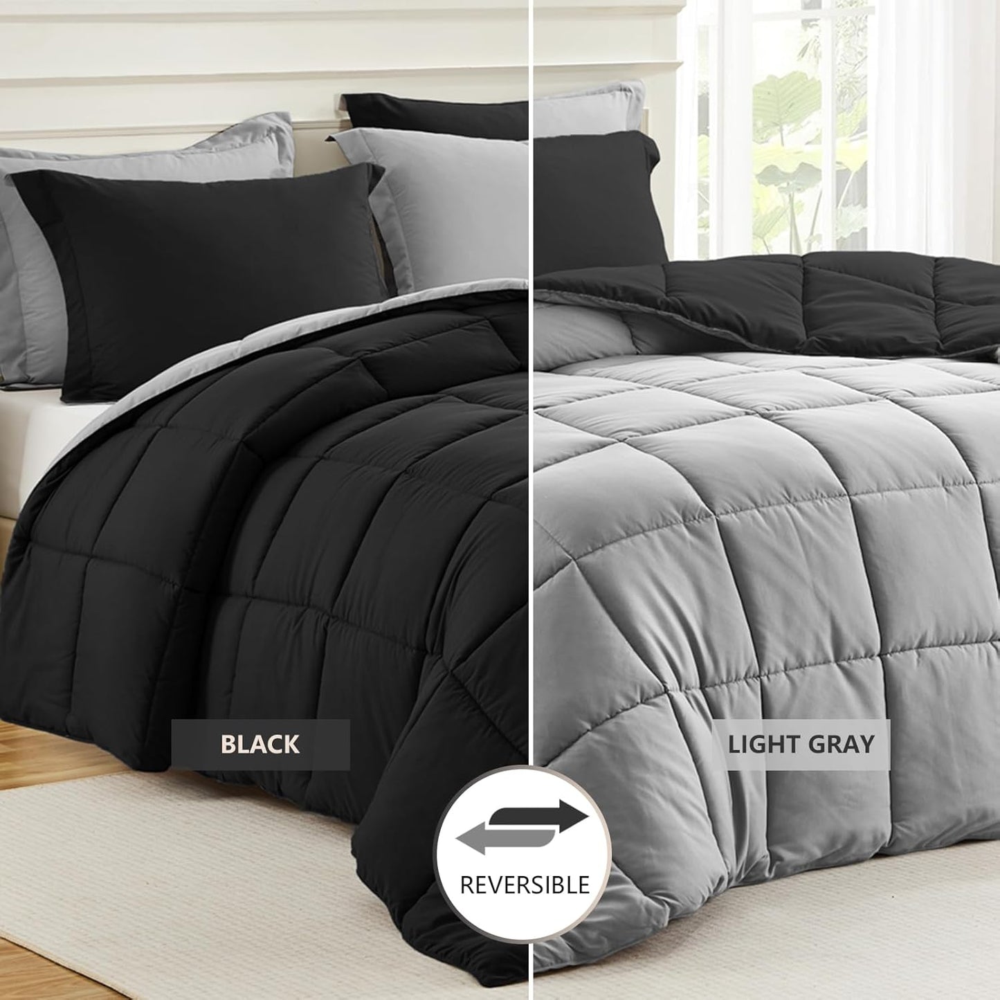 King Size Comforter Set 3 Piece, Lightweight Soft Bed Sets | No Clumping, Machine Washable, down Alternative Comforter Reversible Black/Light Grey, All Season Blanket, 2 Sham