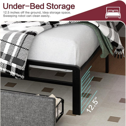 Queen Size Bed Frame with Headboard, Metal Platform Bed Frames Queen Size with 2 Under-Bed Storage Drawers, LED Lights, Soft Linen, Noise Free, No Box Spring Needed, Easy Assembly, Gray
