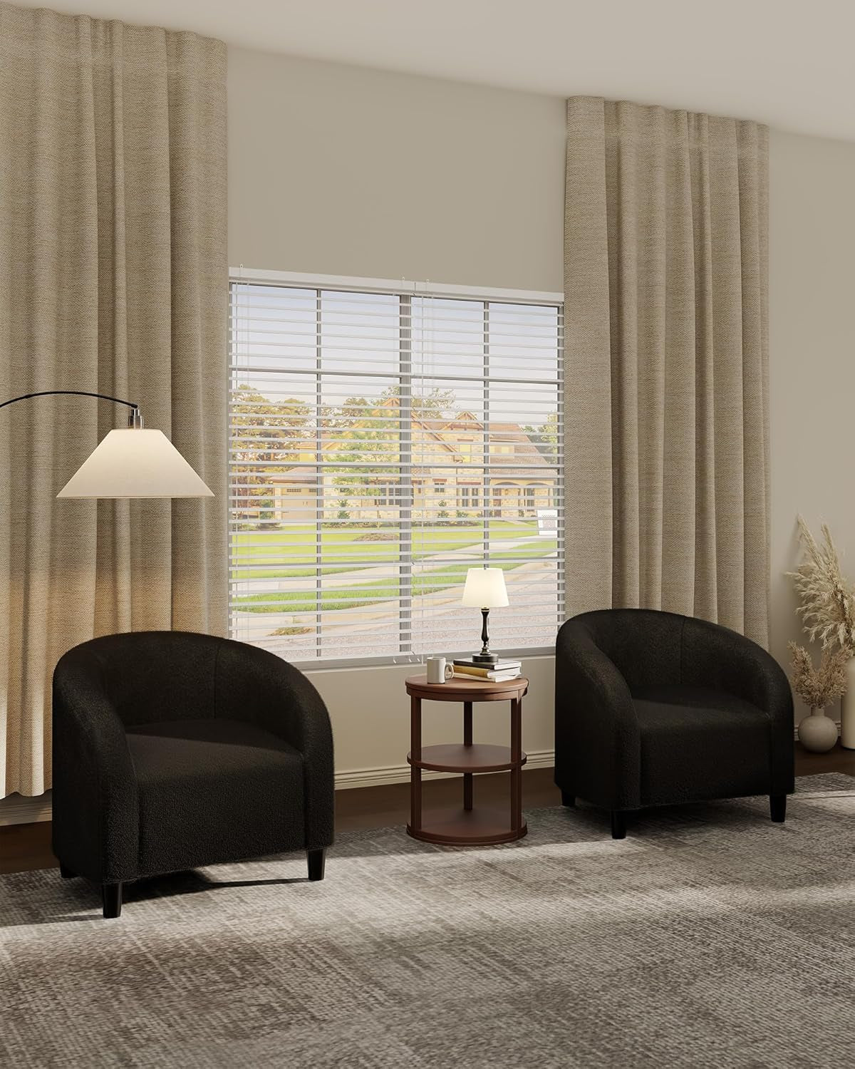 Accent Chair Set of 2 Living Room Chairs Barrel Boucle Chairs Comfy Armchairs for Bedroom Reading Room Reception Chairs(Black)