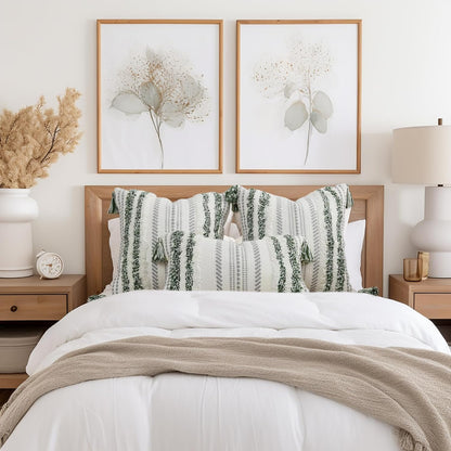 Green and Cream White Throw Pillow Cover 12X20 Pack of 1 | Decorative Boho Lumbar Accent Pillow Cover Neutral Modern Farmhouse Tufted Textured Pillow Cover for Couch Bed Sofa