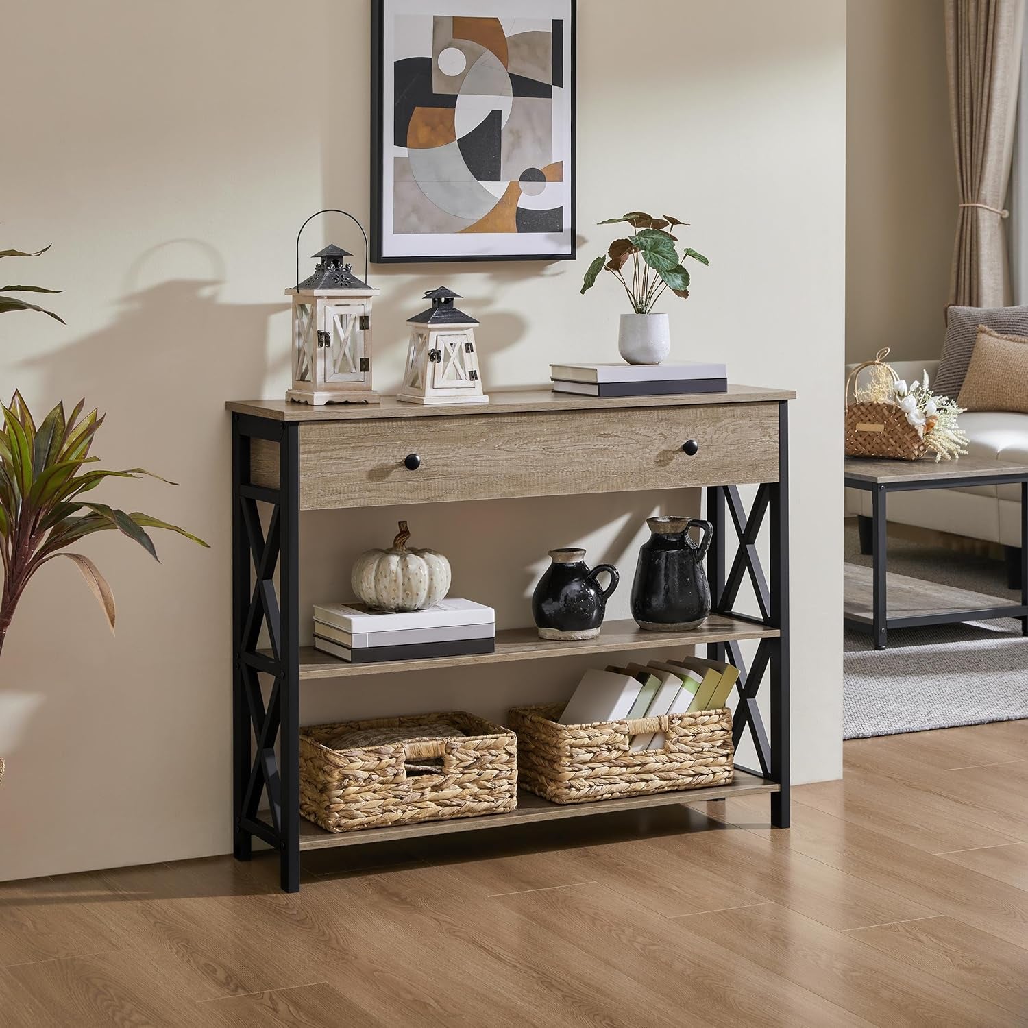 Yaheetech Console Table with Drawer, Entry Table with 3 Tier Storage, Gray | Narrow Hallway Sofa Table with Hidden Storage for Keys and Mail, Sturdy MDF Top on Black Iron Frame, Fits Small Spaces