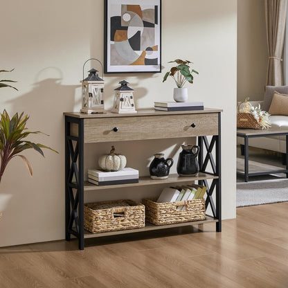 Yaheetech Console Table with Drawer, Entry Table with 3 Tier Storage, Gray | Narrow Hallway Sofa Table with Hidden Storage for Keys and Mail, Sturdy MDF Top on Black Iron Frame, Fits Small Spaces